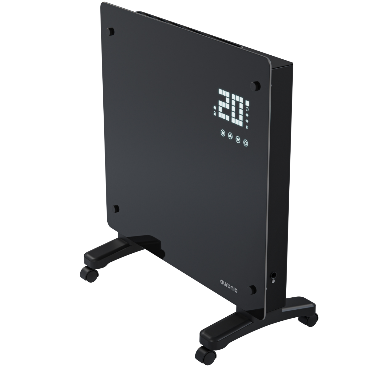 Moderne zwarte glazen verwarming met digitaal display dat 20 graden toont, op wielen.