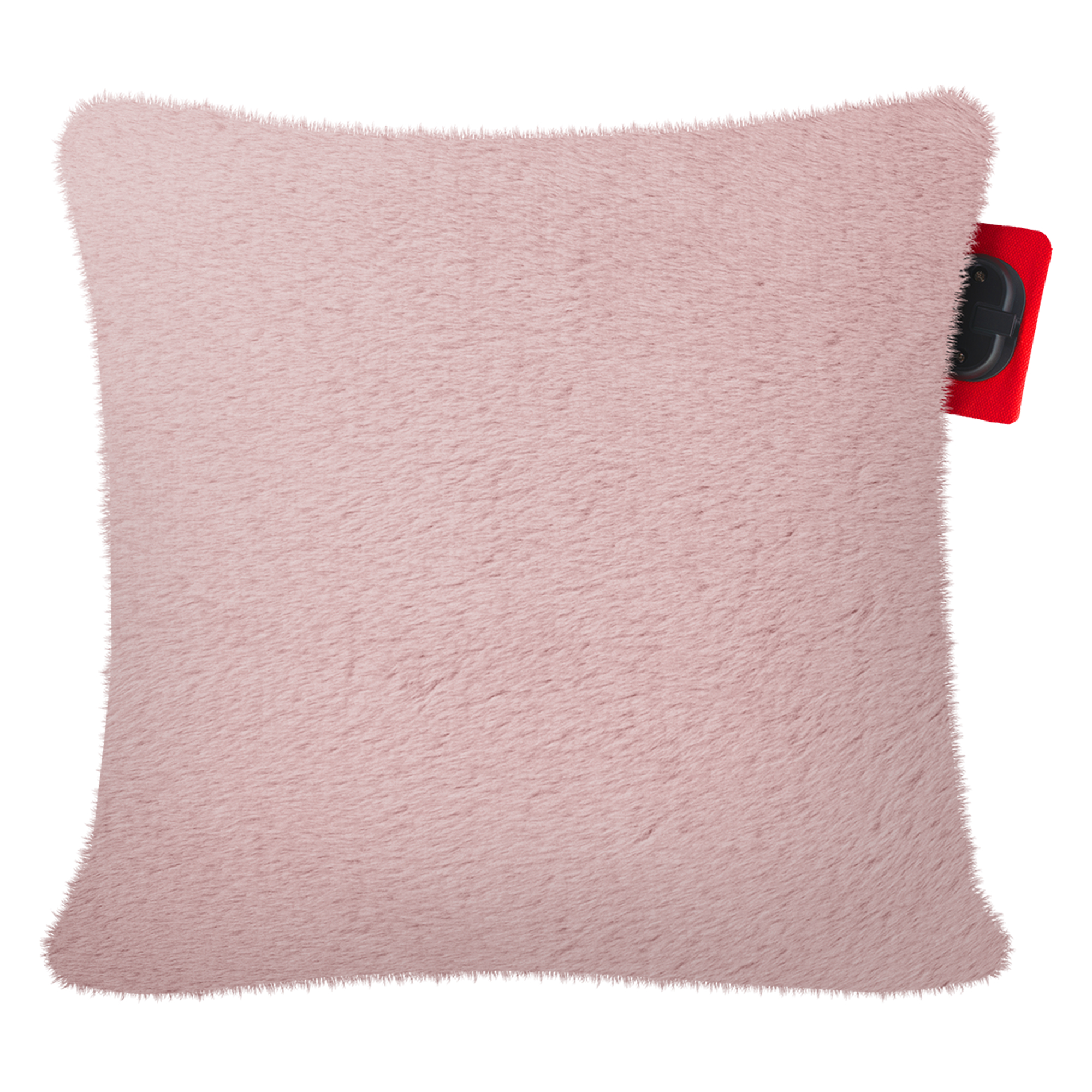 Un coussin rose et moelleux avec une étiquette rouge sur le côté.