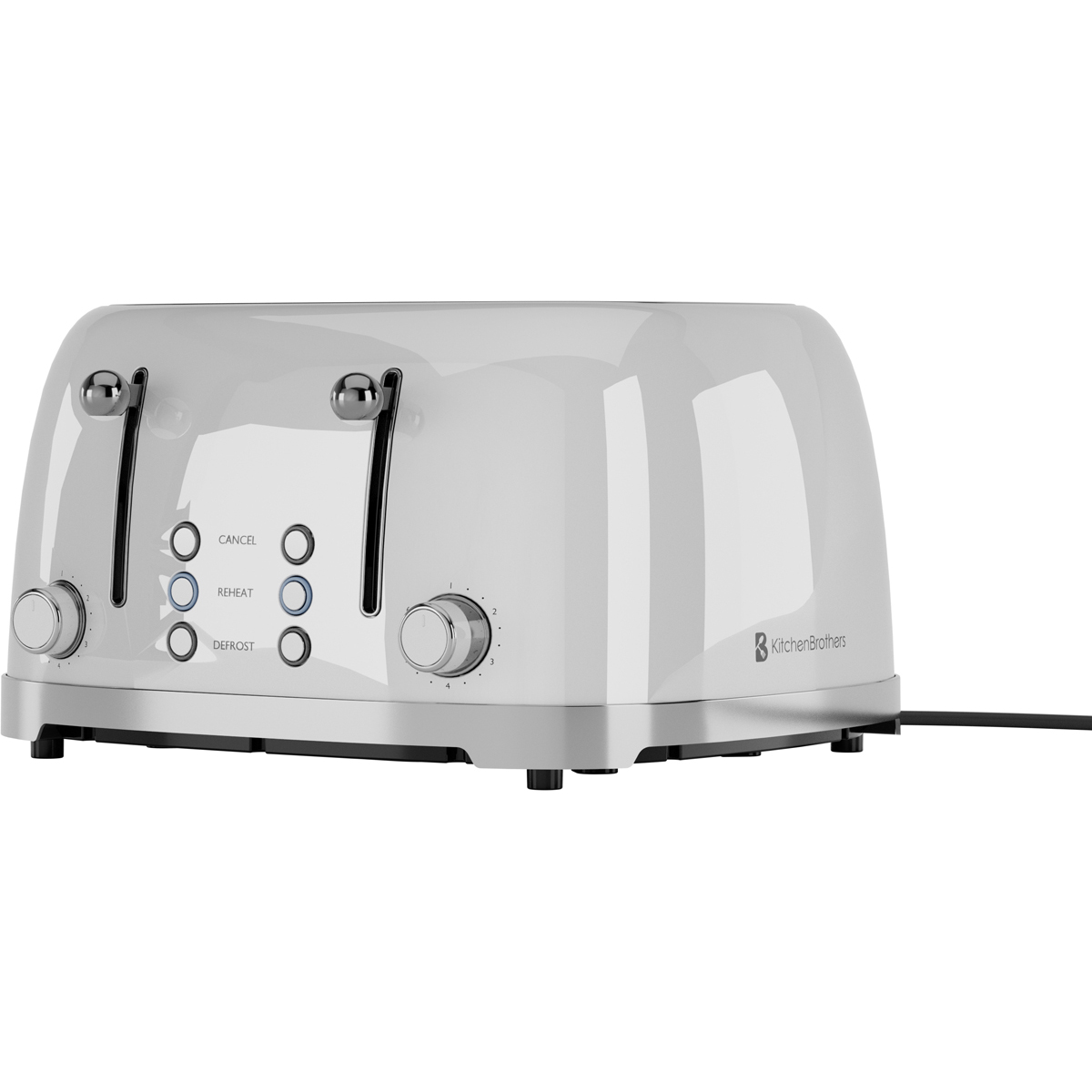 Un grille-pain blanc brillant à quatre fentes avec des accents argentés.