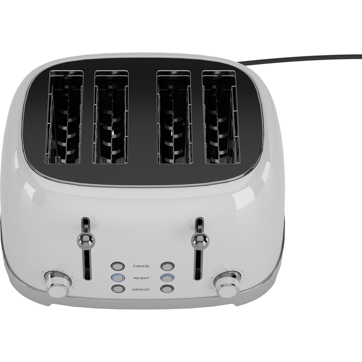 Un grille-pain blanc 4 tranches avec accents argentés et boutons.