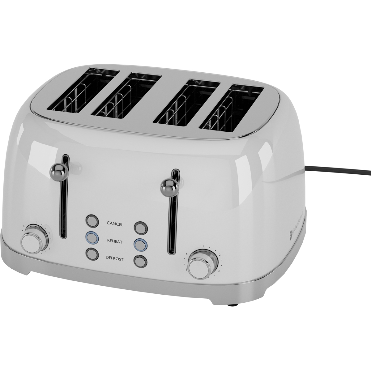 Un grille-pain blanc quatre fentes avec accents chromés et boutons.