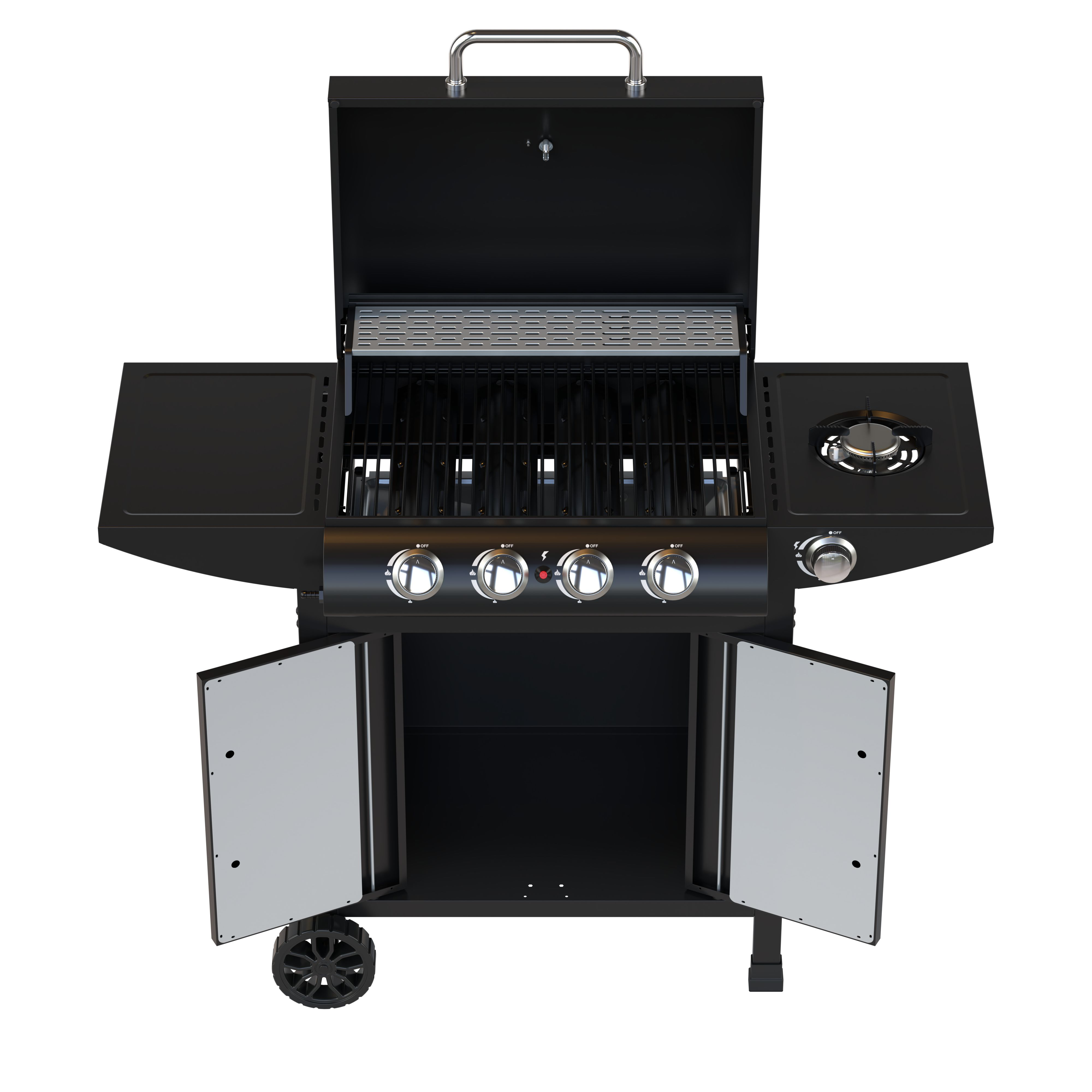 Een zwarte gasgrill met deksel open, vier branders en een zijbrander.