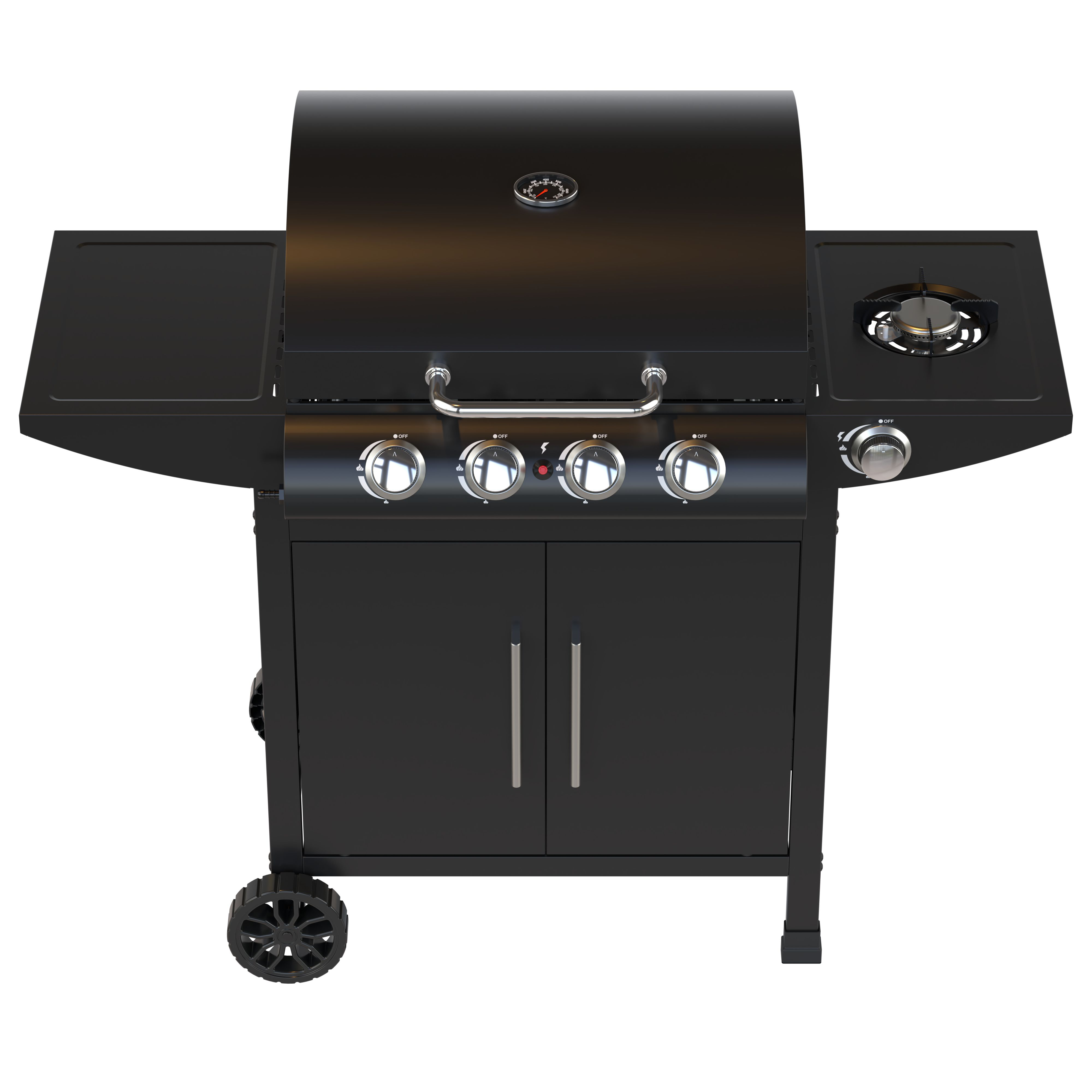 Zwarte gasgrill met vier knoppen, thermometer en zijbrander.