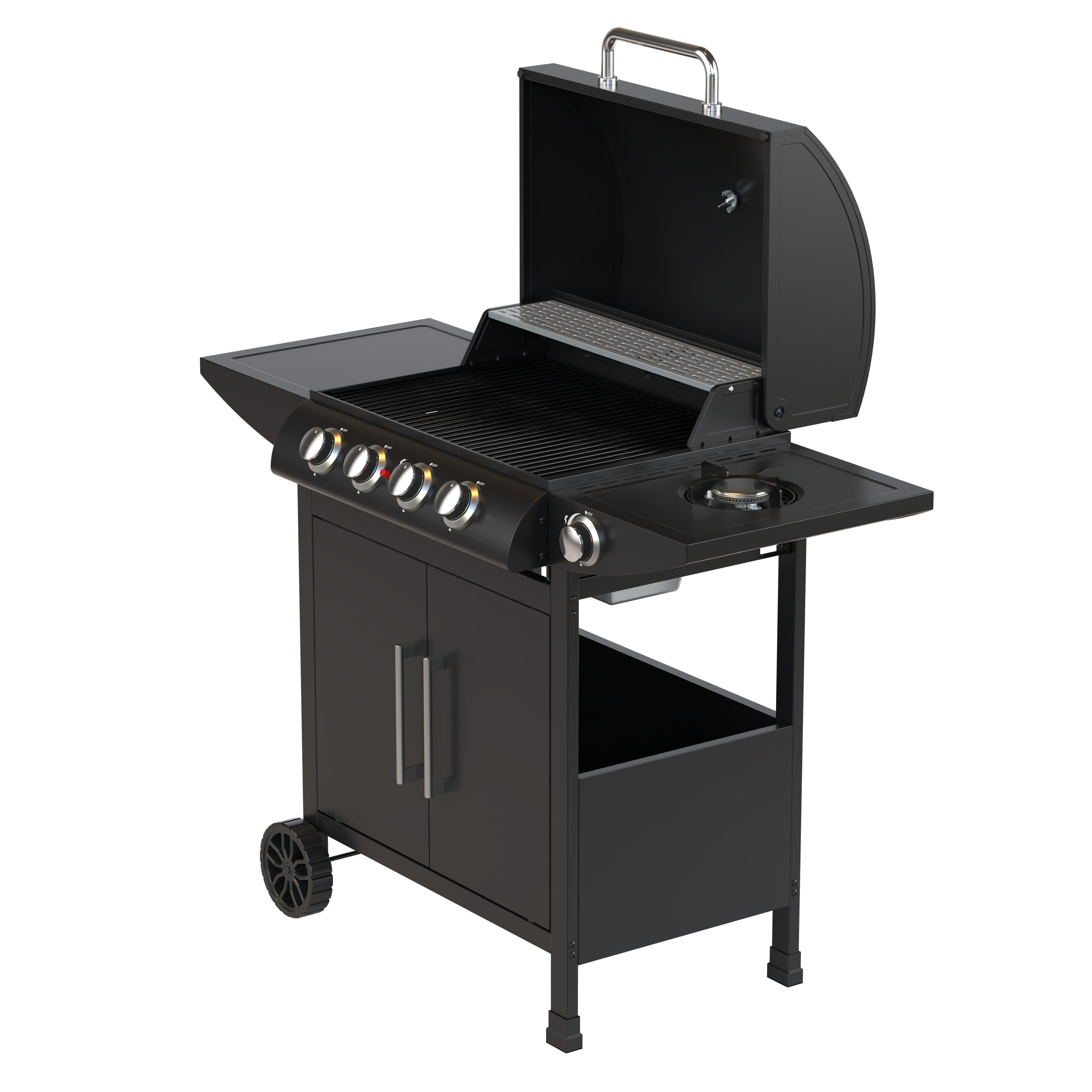Zwarte gasgrill met open deksel, zilveren handvat en wielen.