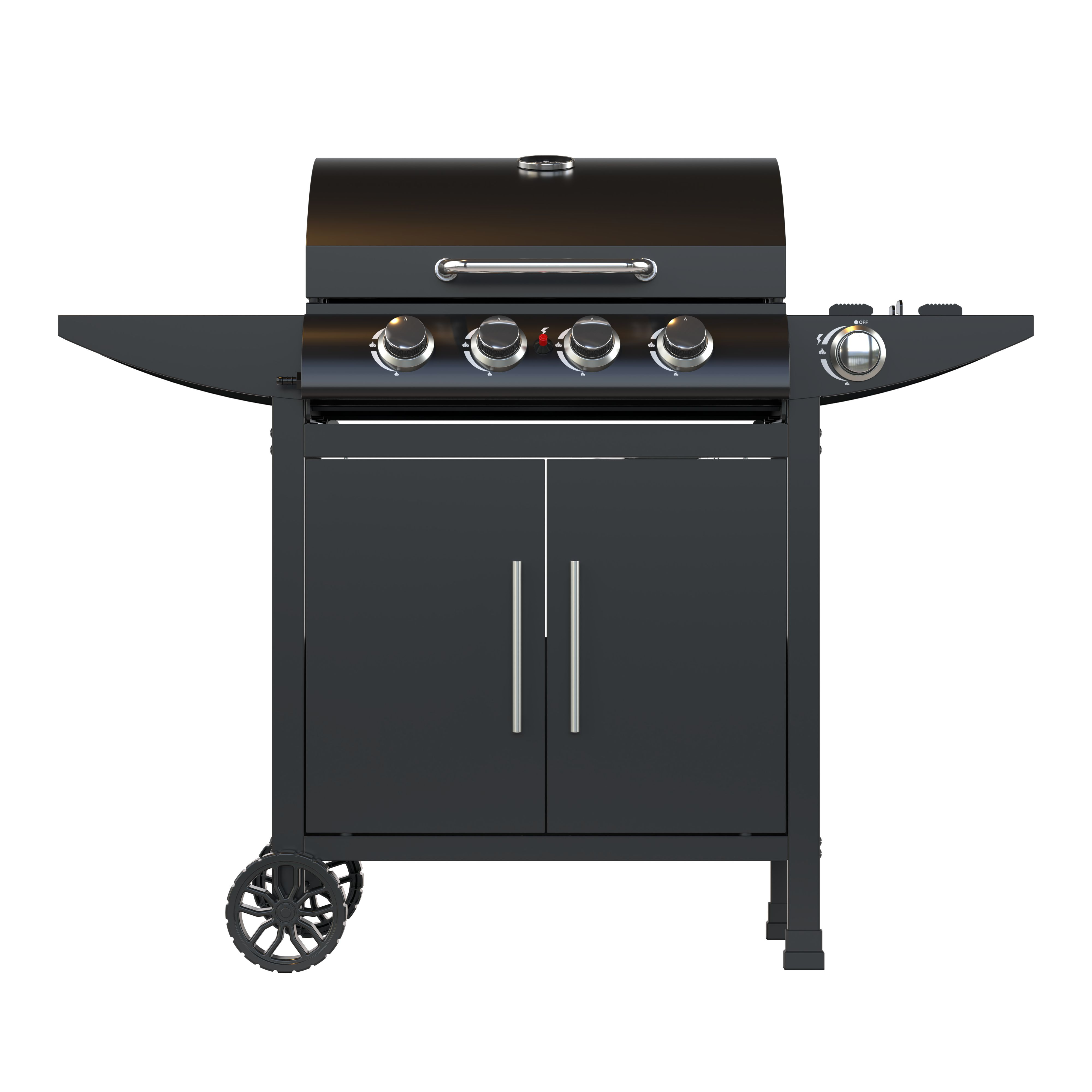 Een zwarte gasgrill met vier knoppen en twee wielen.
