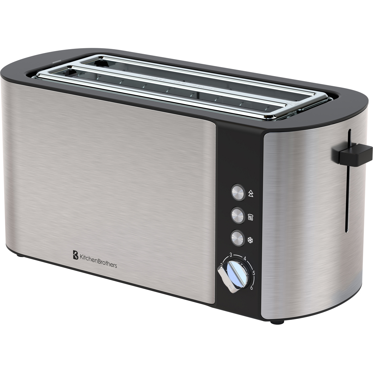A silver toaster with a black body and control buttons.