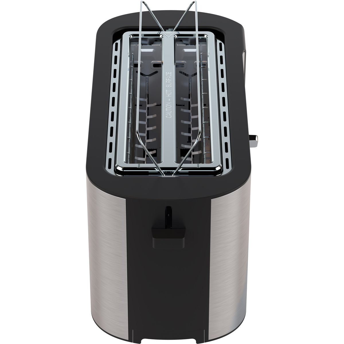 A silver and black two-slot toaster is shown on a white background.