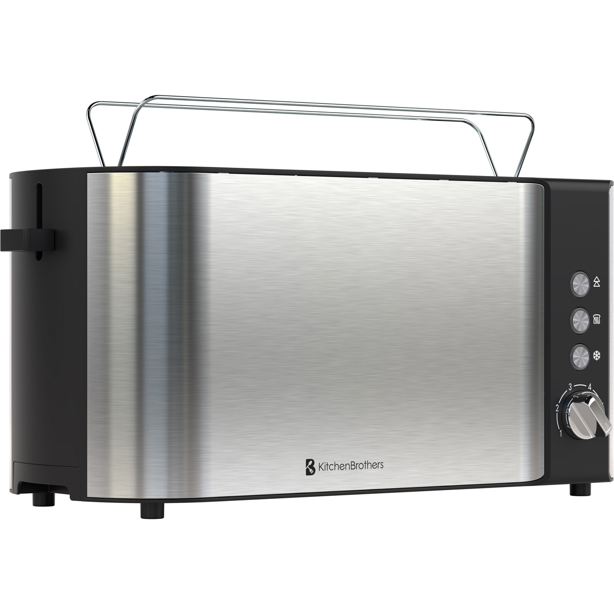 A silver toaster with black accents and a bun warmer rack on top.