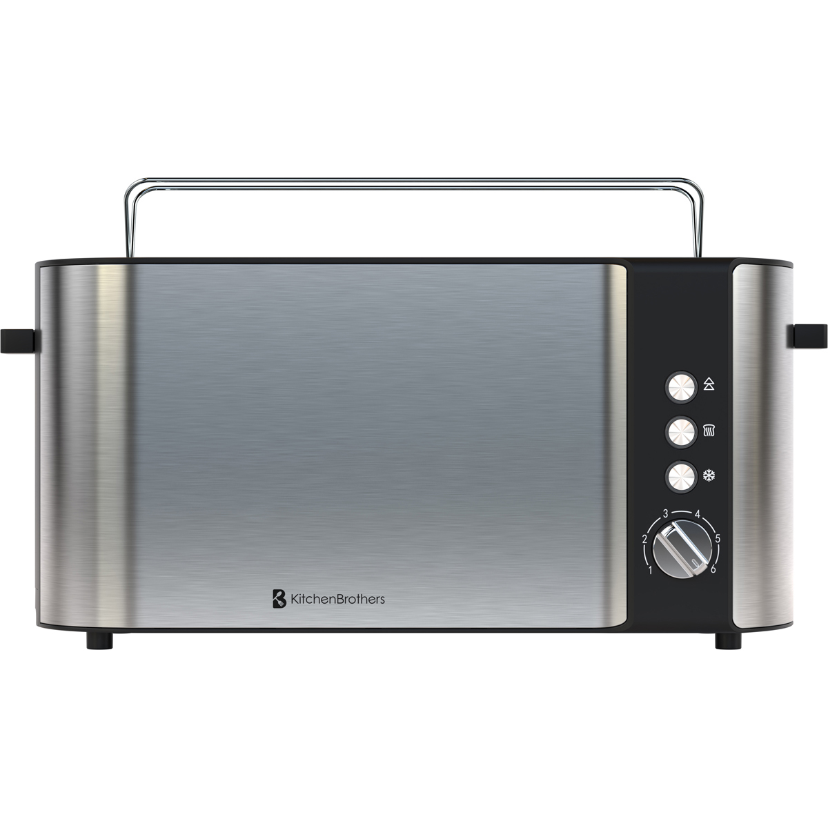A silver toaster with black controls and a dial.