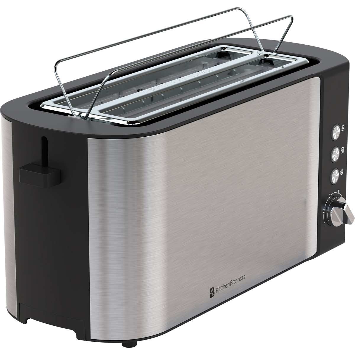 A silver and black two-slot toaster on a white background.