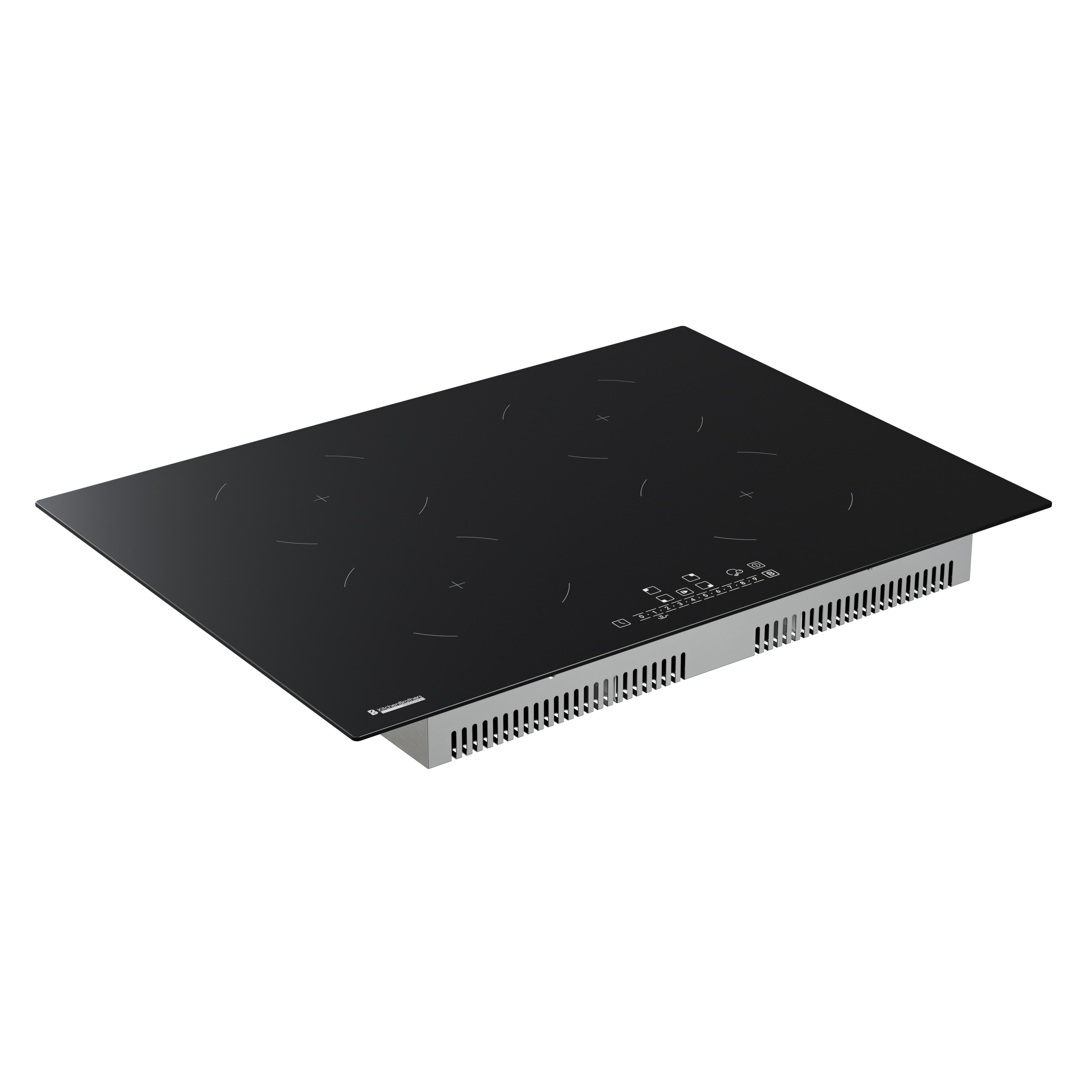 Zwart inductie kookplaat met vier kookzones en touch control paneel.