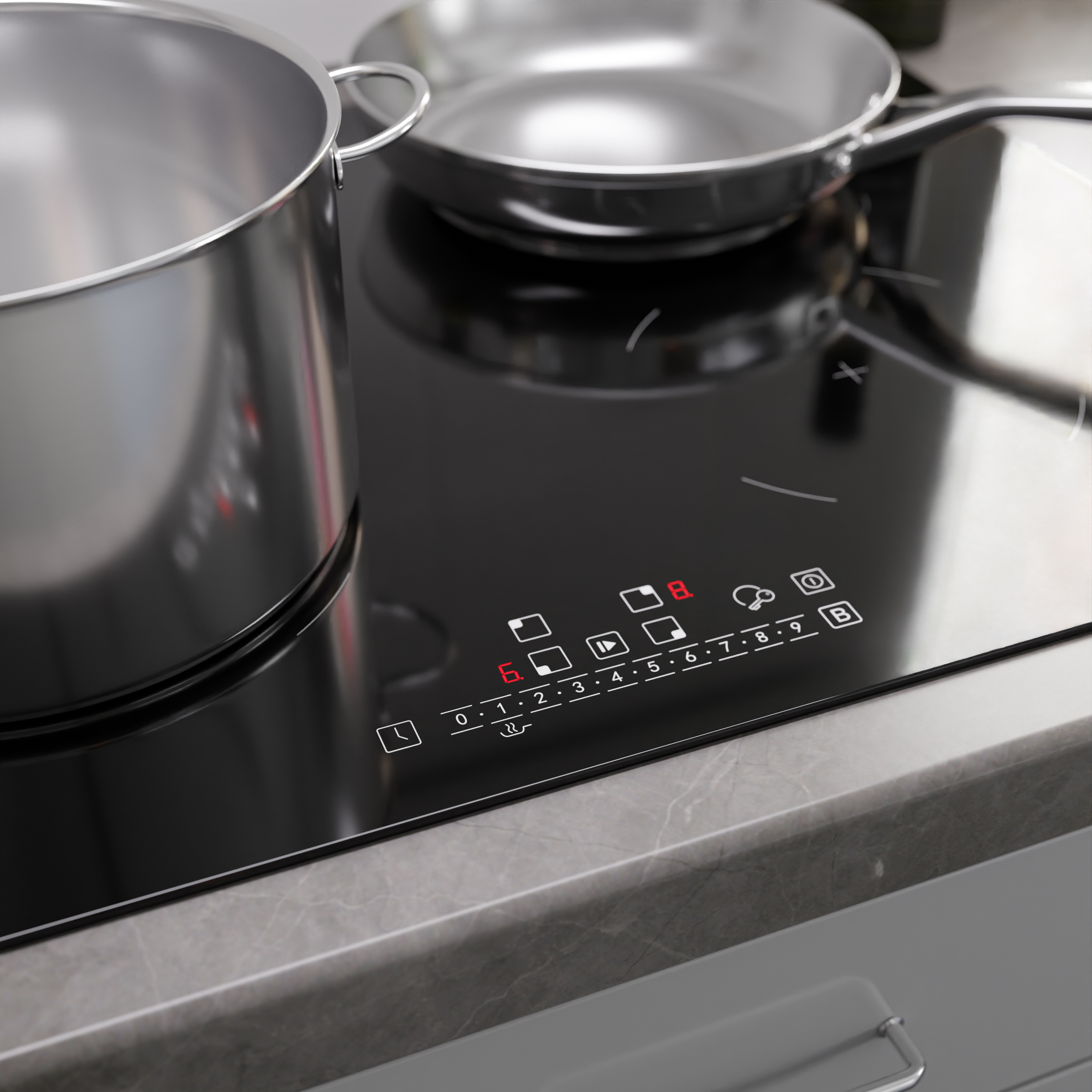 Een glimmende metalen pot en pan op een zwart inductiefornuis met rode digitale bedieningselementen.