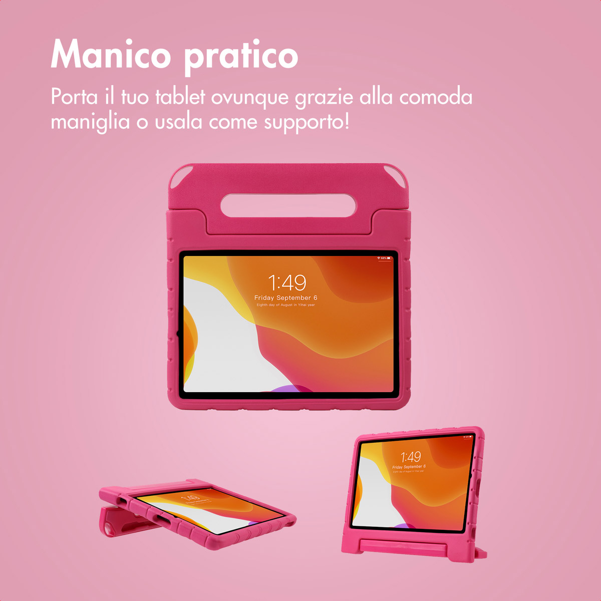 Een roze tablethoes met handvat en standaard. Toont een vergrendelingsscherm tablet.
