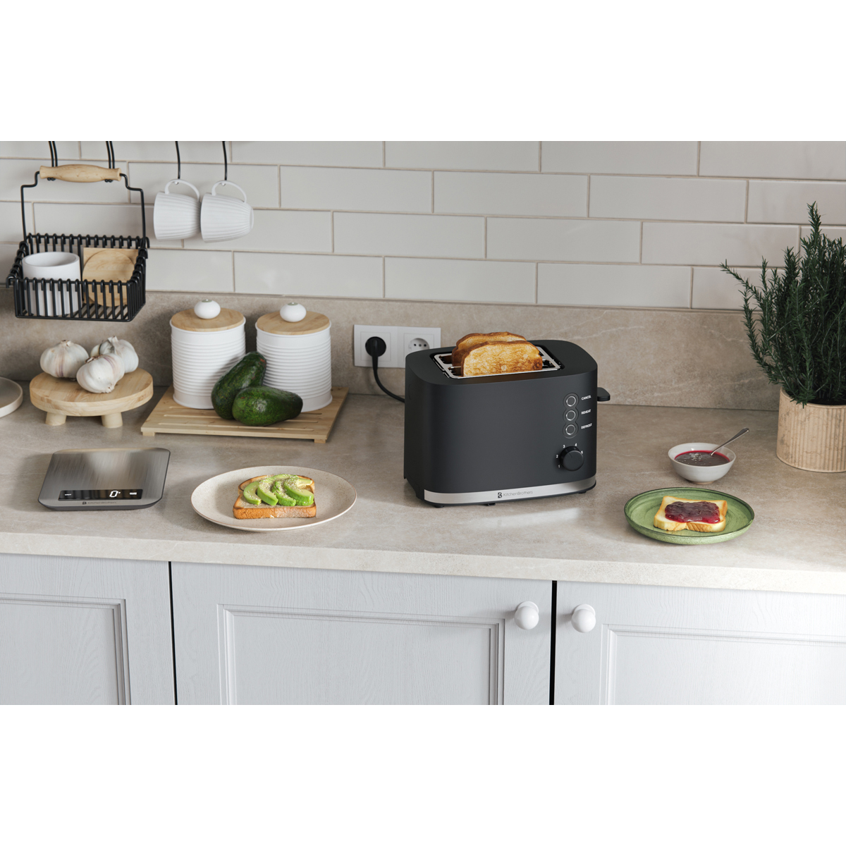 Black toaster with two slices of toast, next to avocado toast and toast with jam.