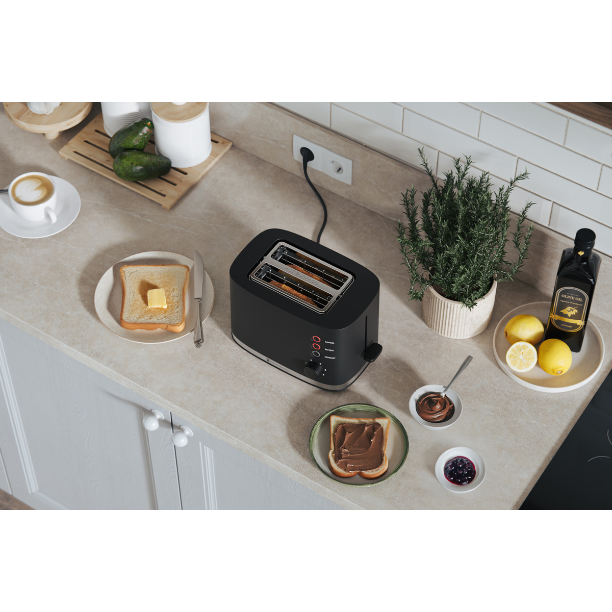A black toaster sits on a kitchen counter with toast, butter, jam, and lemons.