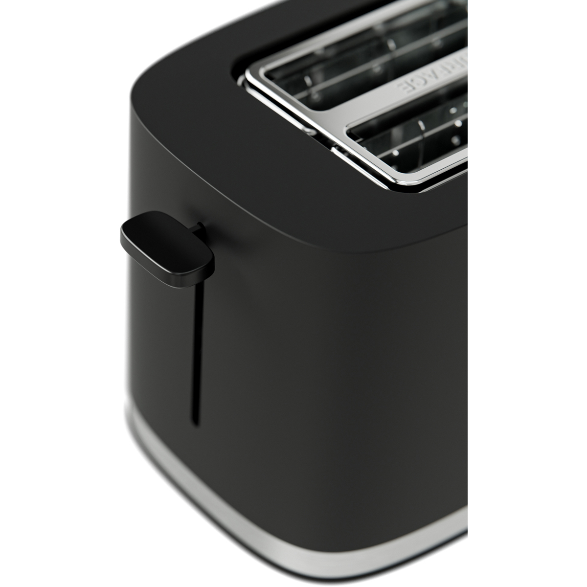 A black toaster with a silver trim and lever is shown from a close-up, side view.