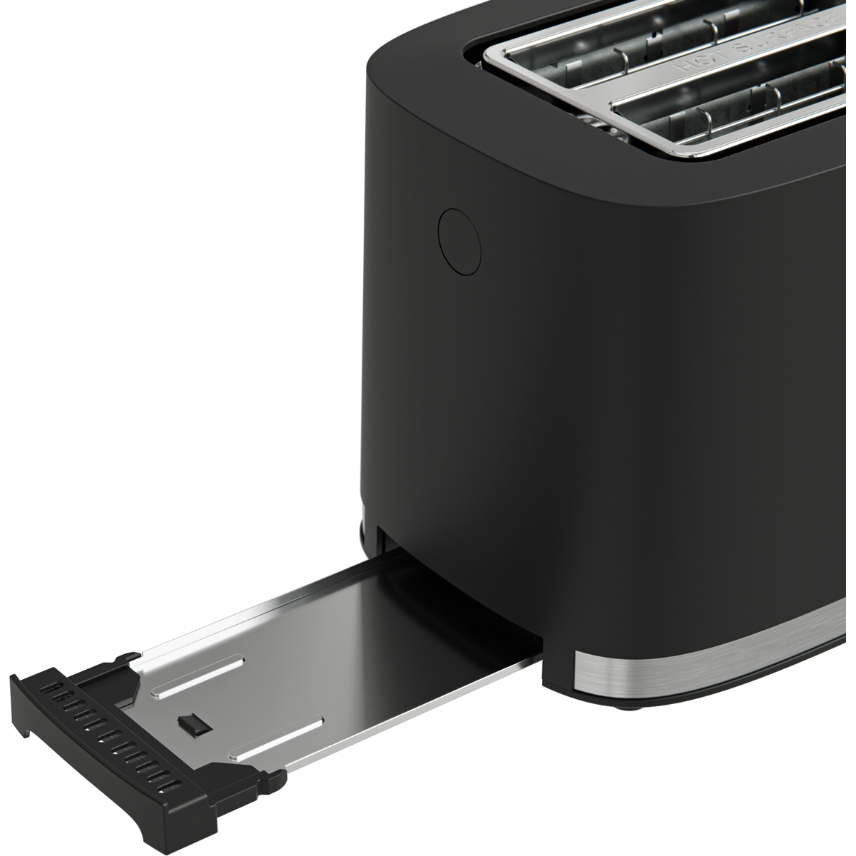 Black toaster with extended chrome tray on a white background.