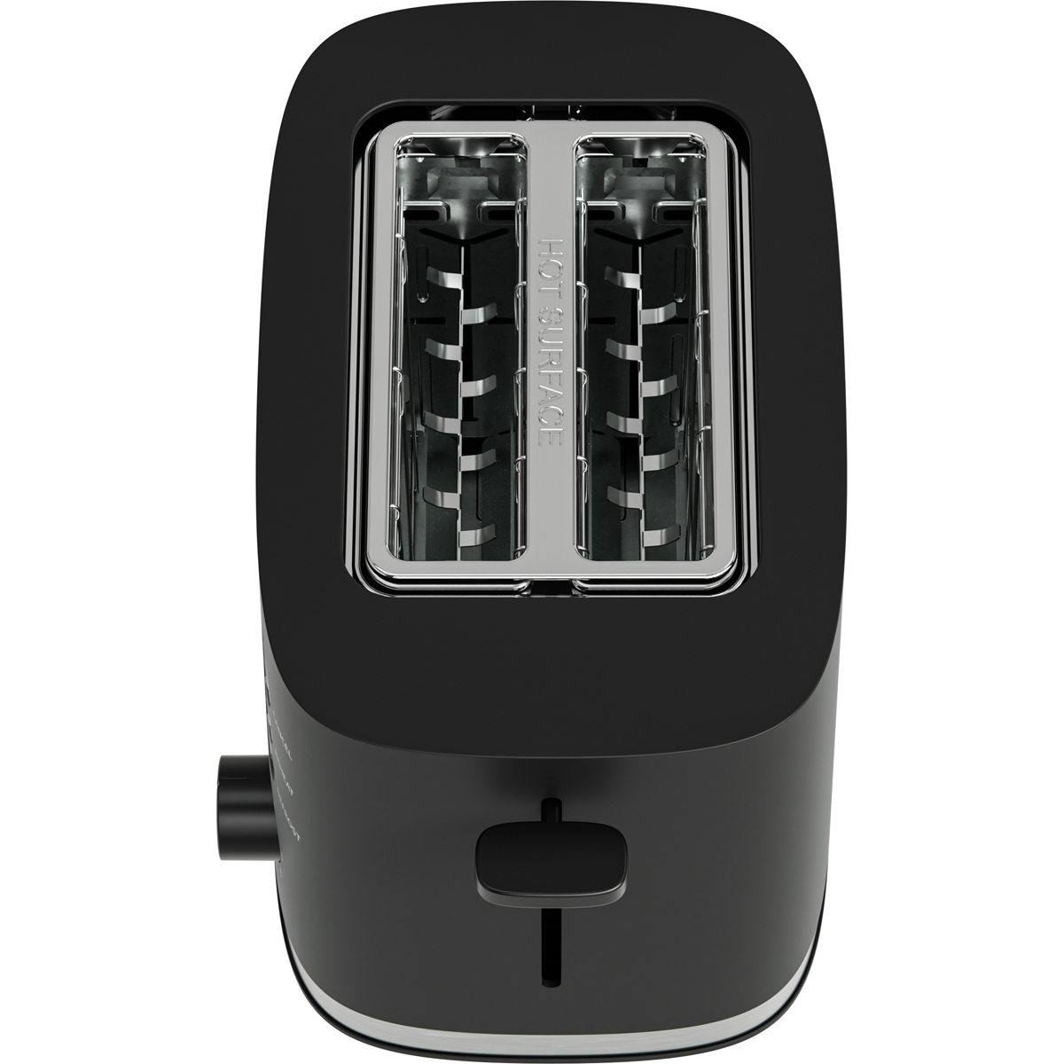 A black two-slice toaster with shiny silver heating elements inside.