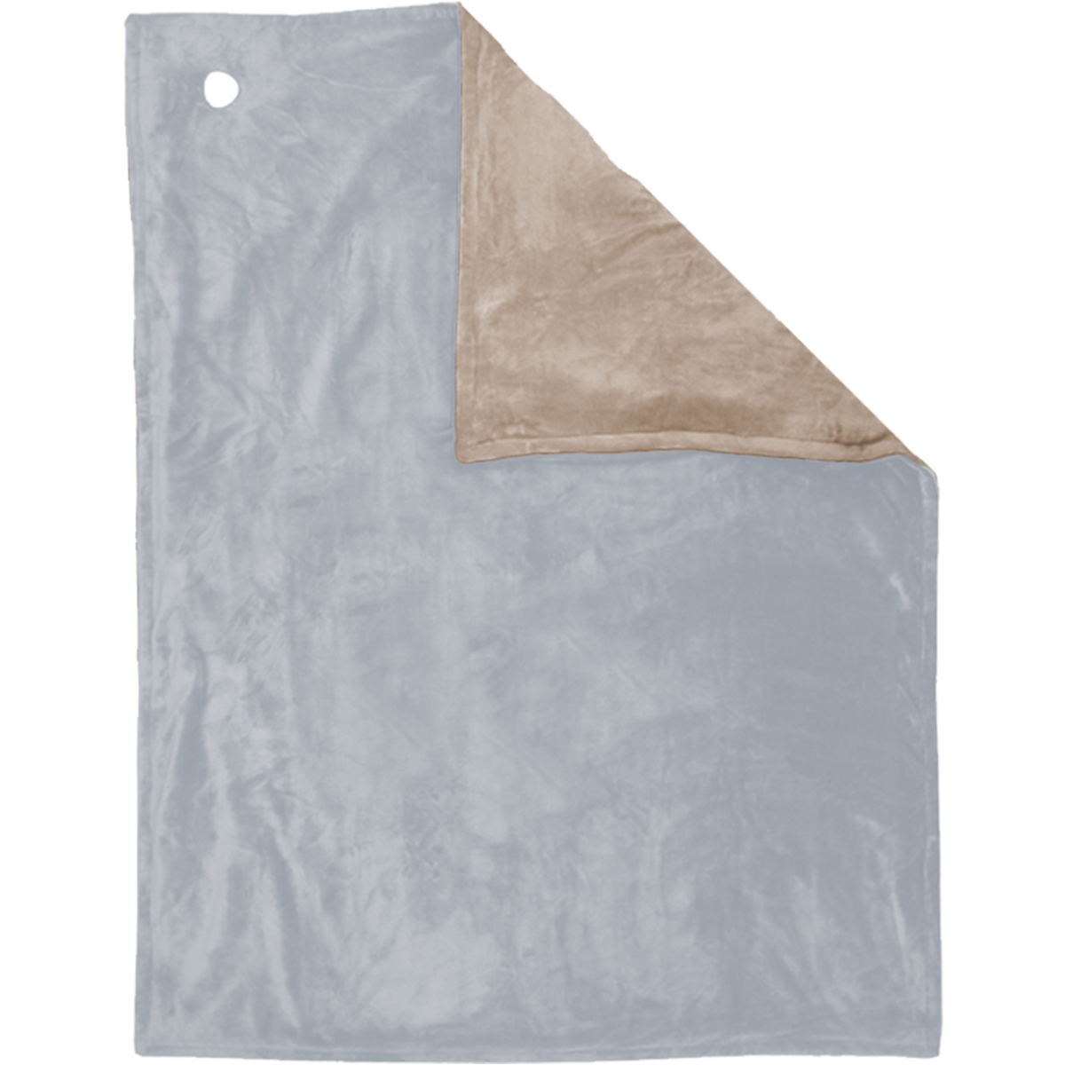 A light blue and a tan blanket, one folded over the other.