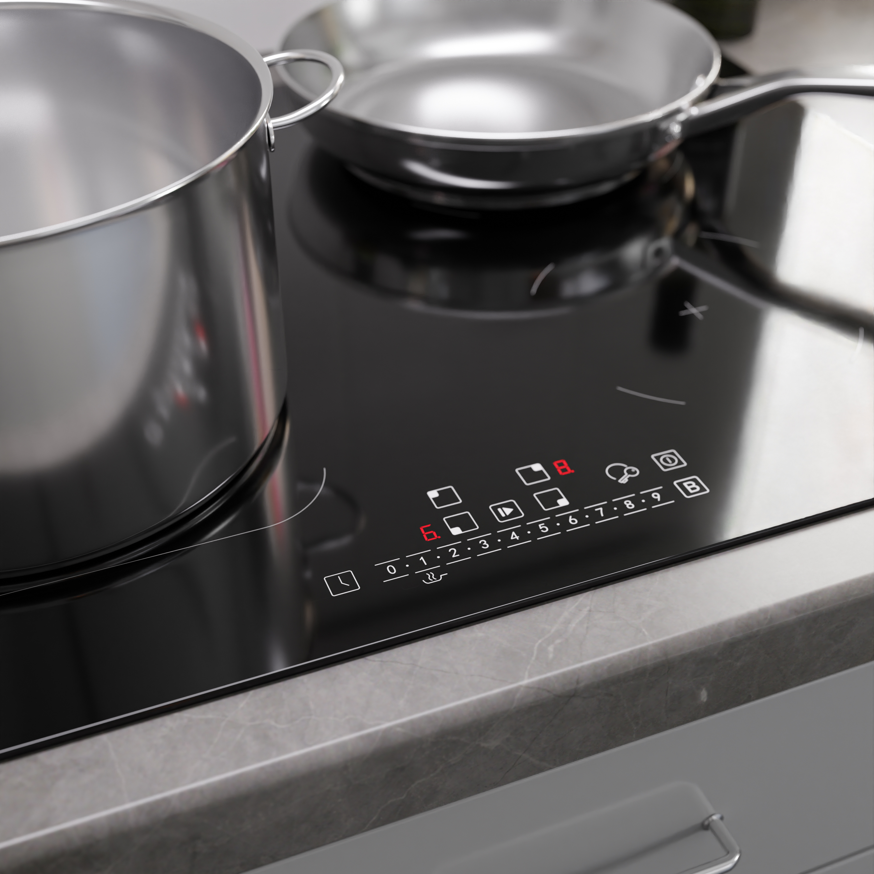 A pot and a pan on a black induction hob with digital controls.
