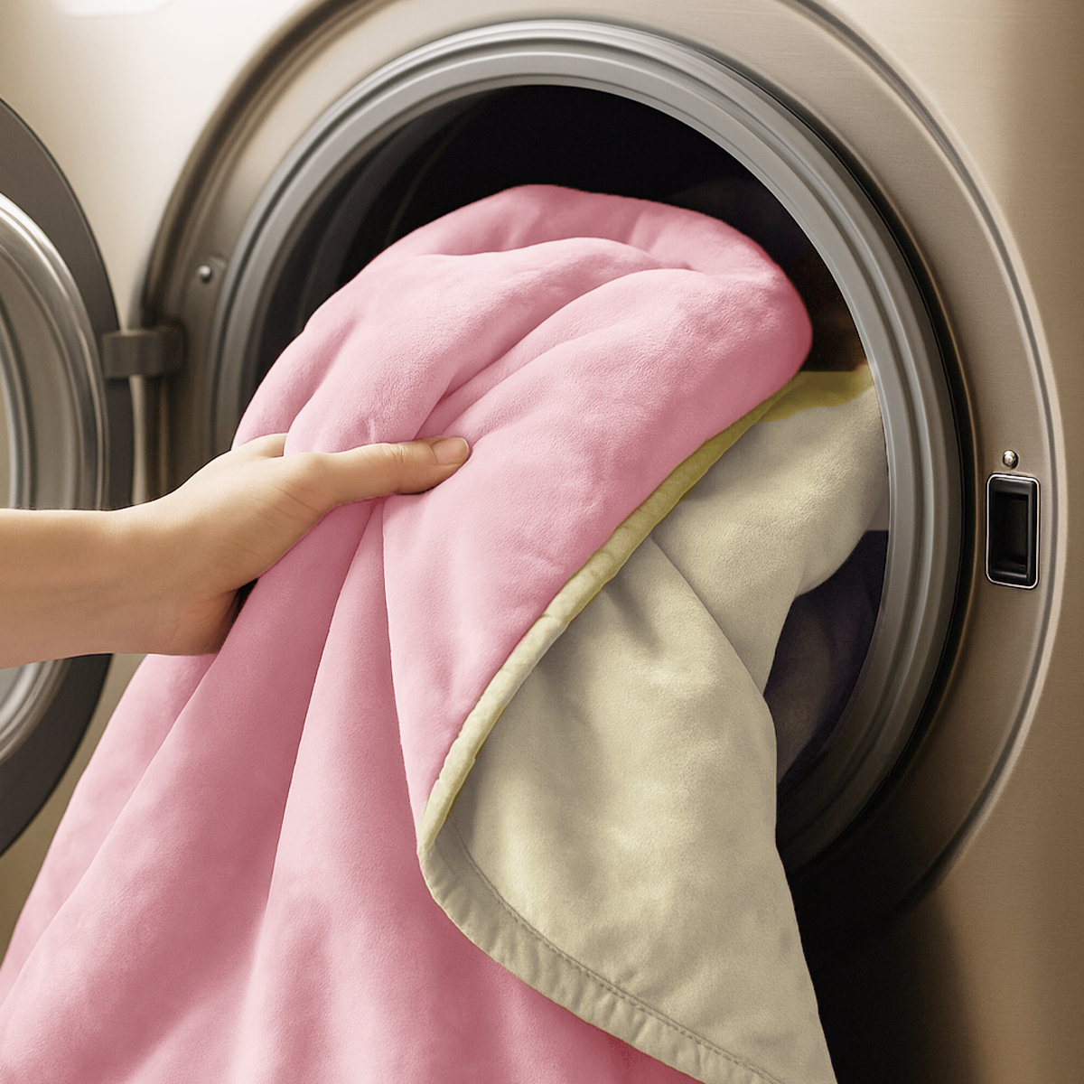 A hand places a pink blanket into a washing machine.