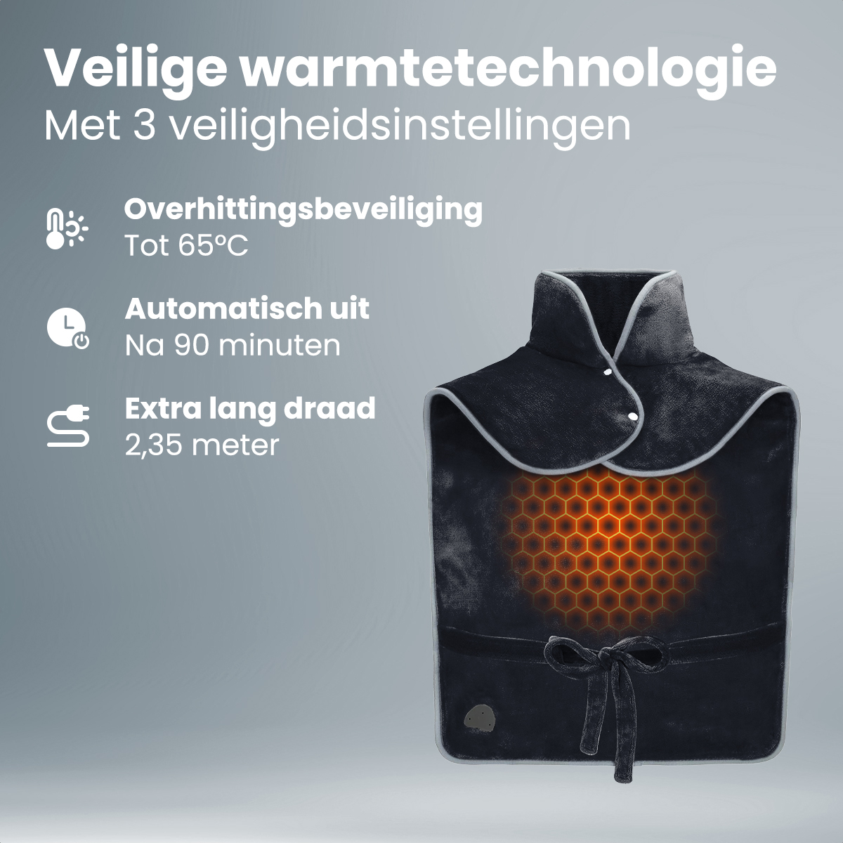 A black heating pad with ties, featuring safety settings.
