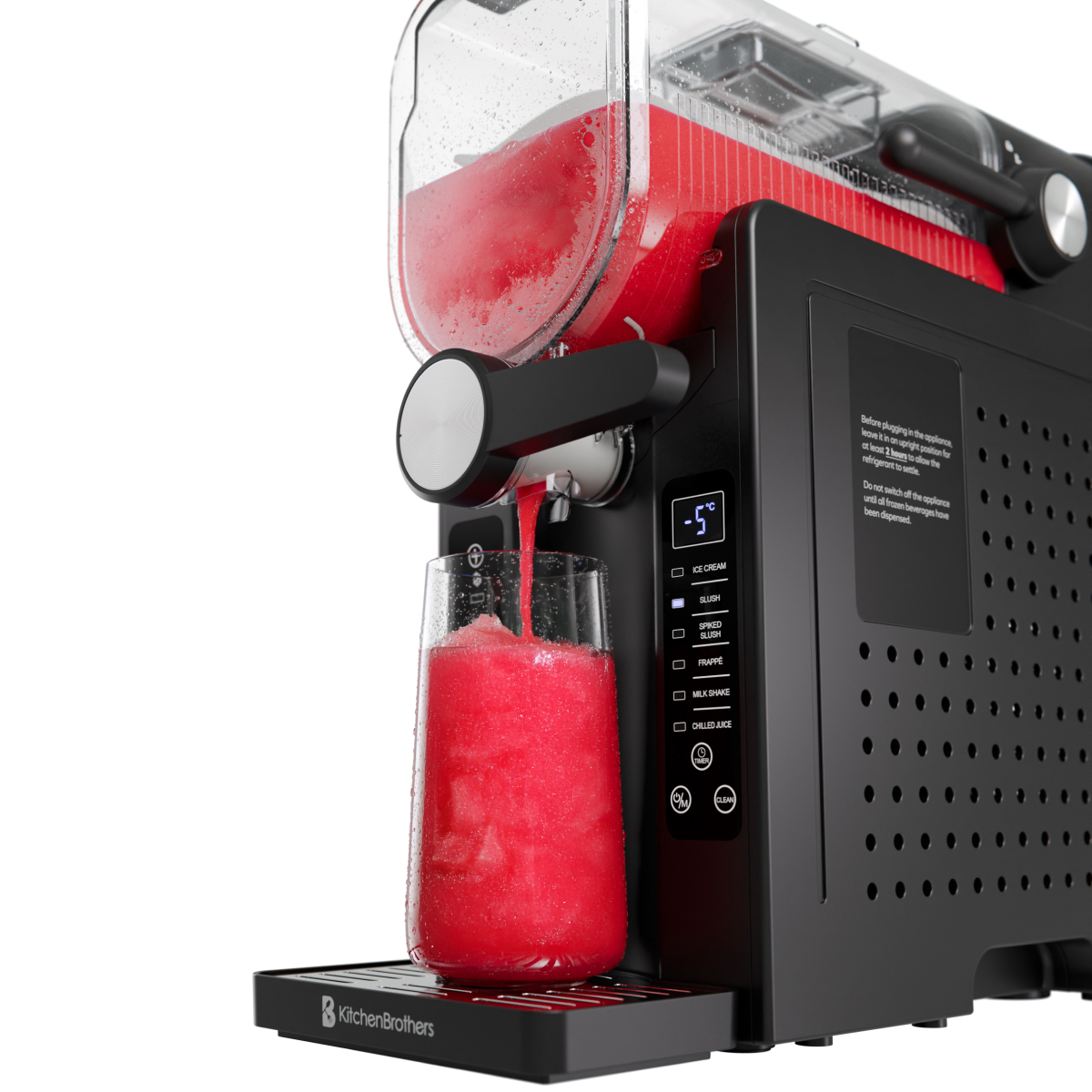 A black slushie machine with red frozen drink pouring into a glass.