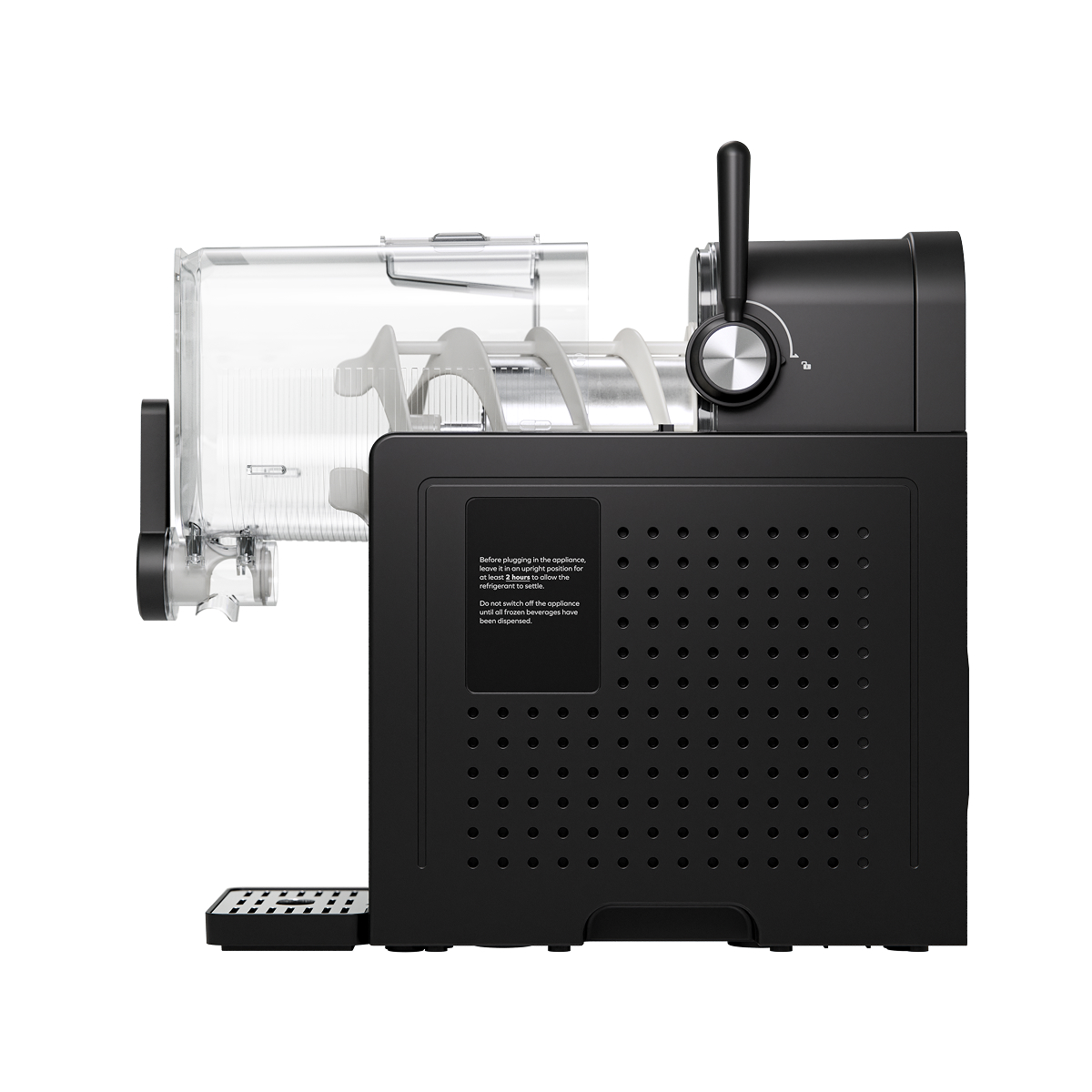 Black beverage dispenser with clear container and tap. Warning label present.