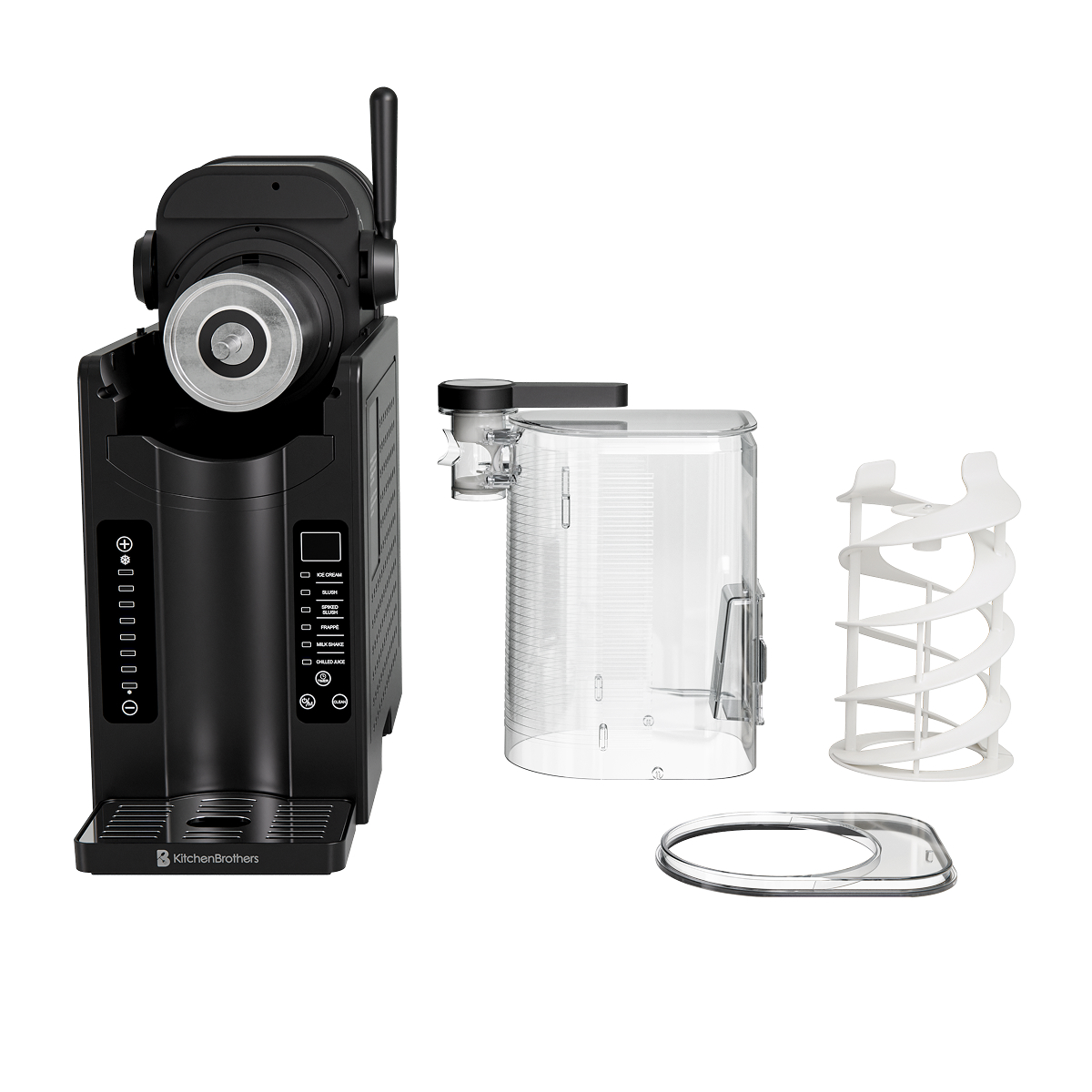 Black ice cream maker with transparent container, white spiral and silver dispenser.