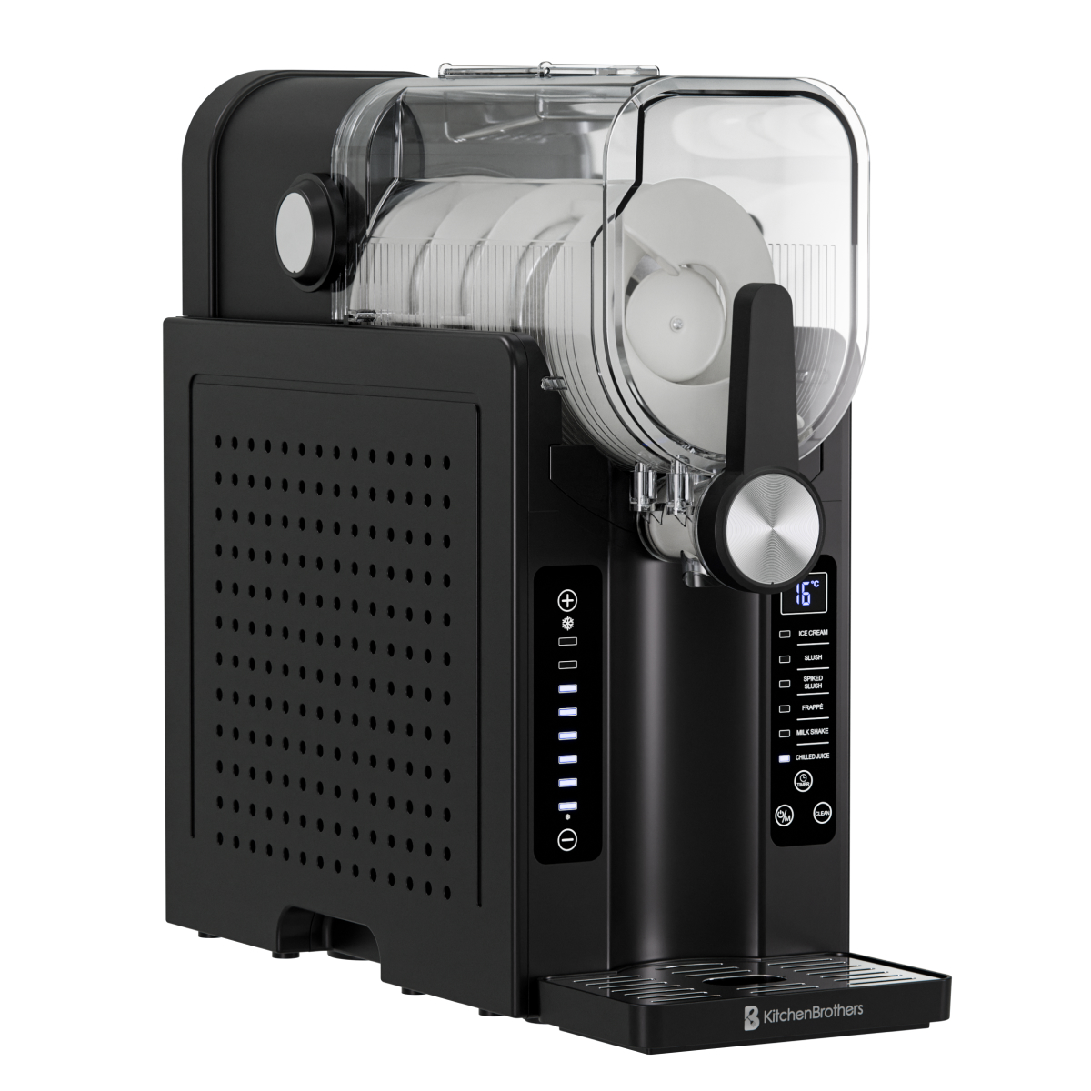 Black slush machine with a clear container and a silver handle.