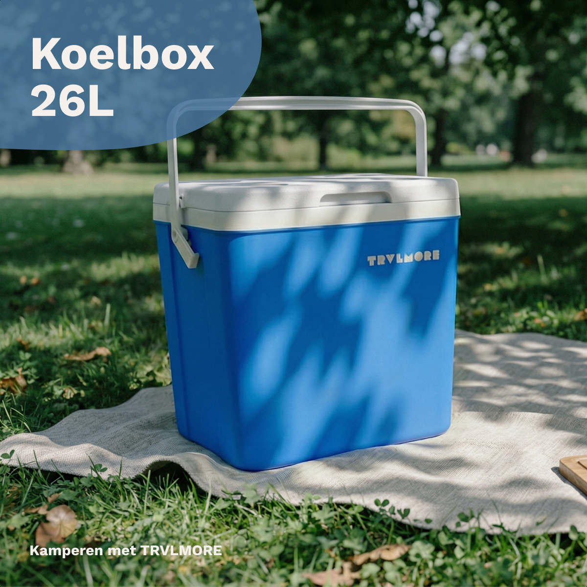 Een blauwe koelbox met handvat staat op een deken in het gras.