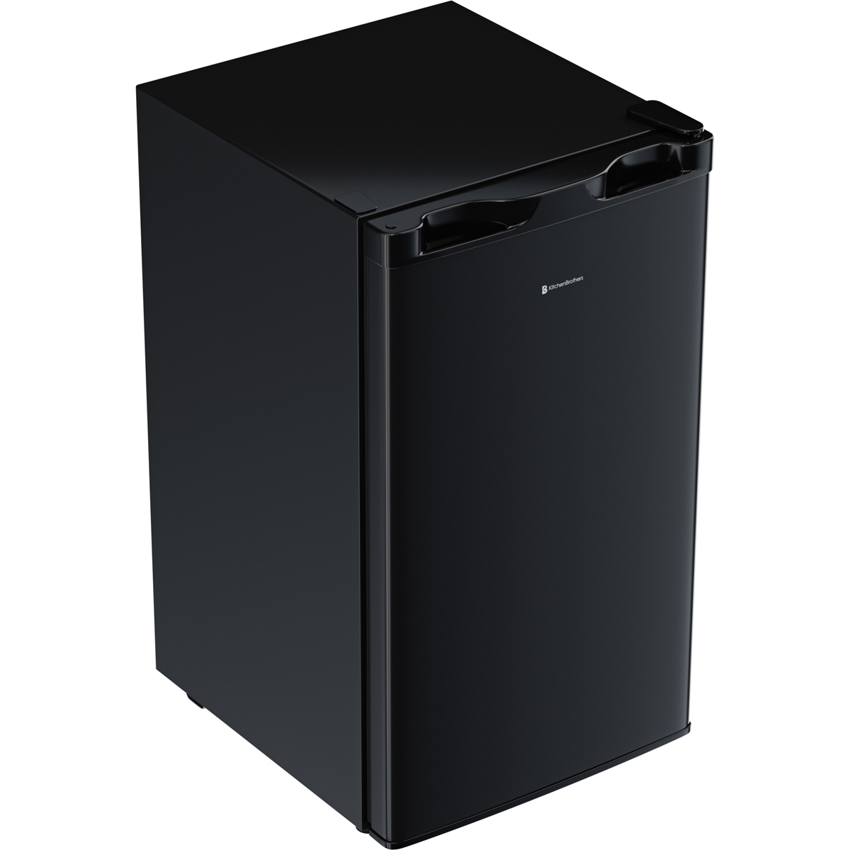 A black mini-fridge with a silver handle and logo.