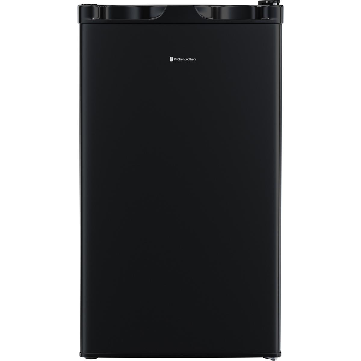 A sleek, black refrigerator with the 'KitchenBrothers' logo.