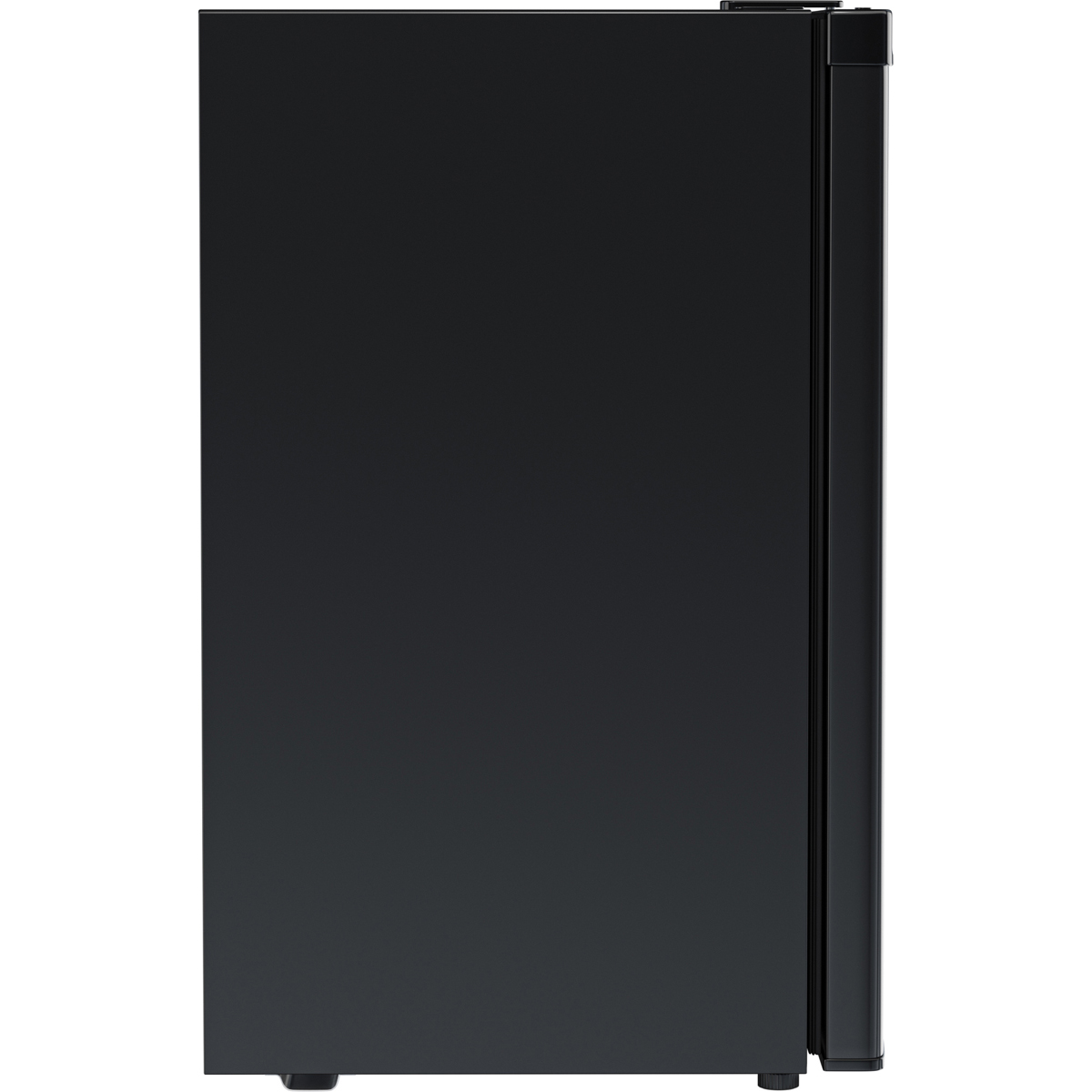 A black refrigerator seen from the side against a white background.
