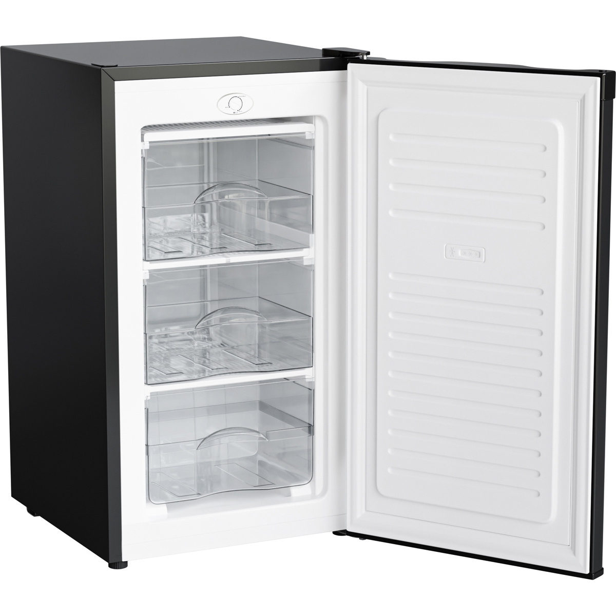 A black freezer with its door open, showing three clear drawers inside.