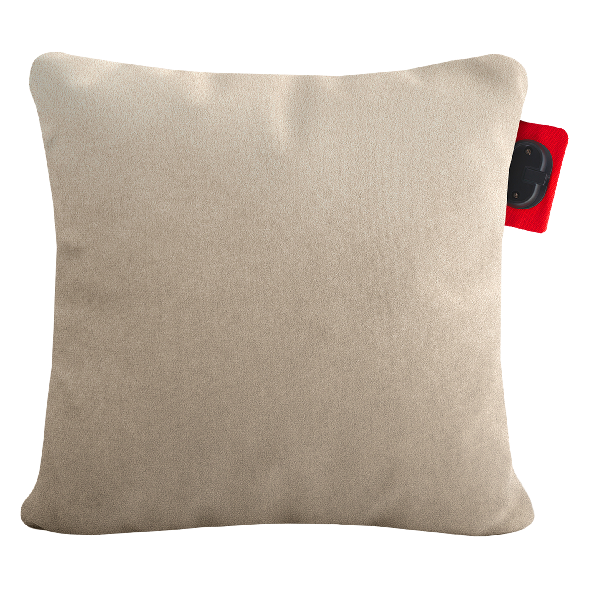 A beige cushion with a red tag and black click closure.