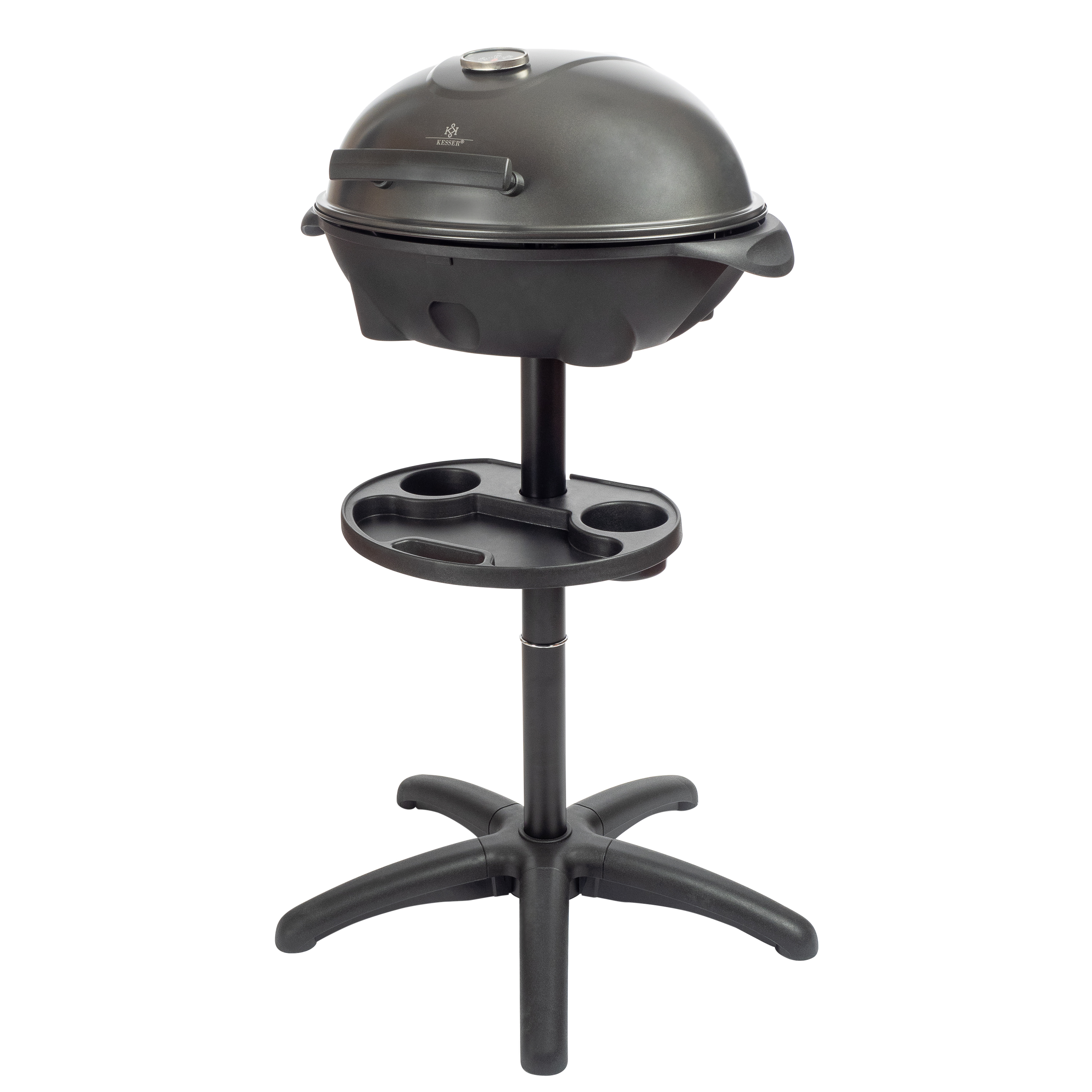 A dark gray, round grill on a stand with a tray and cup holders.