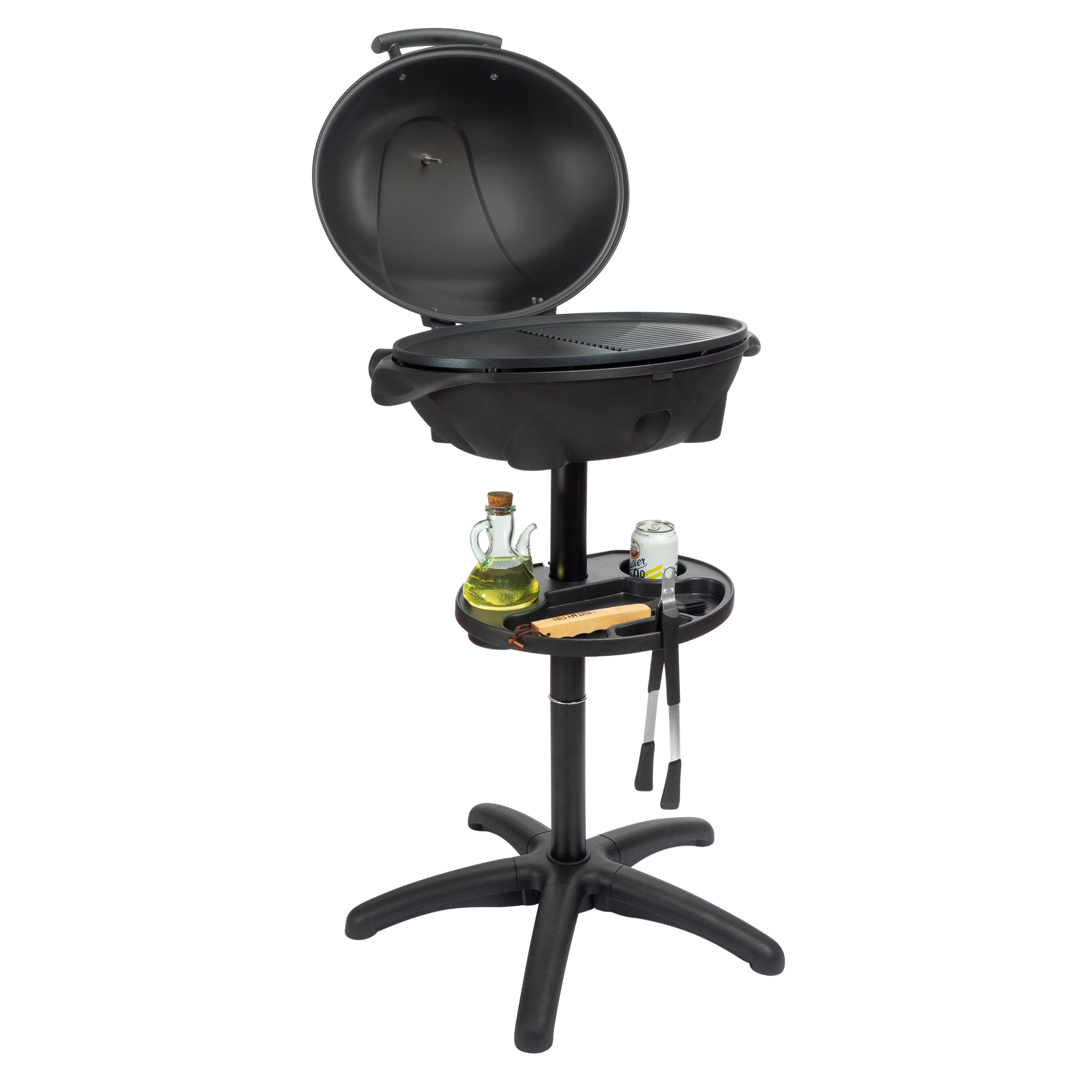 Black grill with open lid, shelf with oil bottle, drink can and tongs.