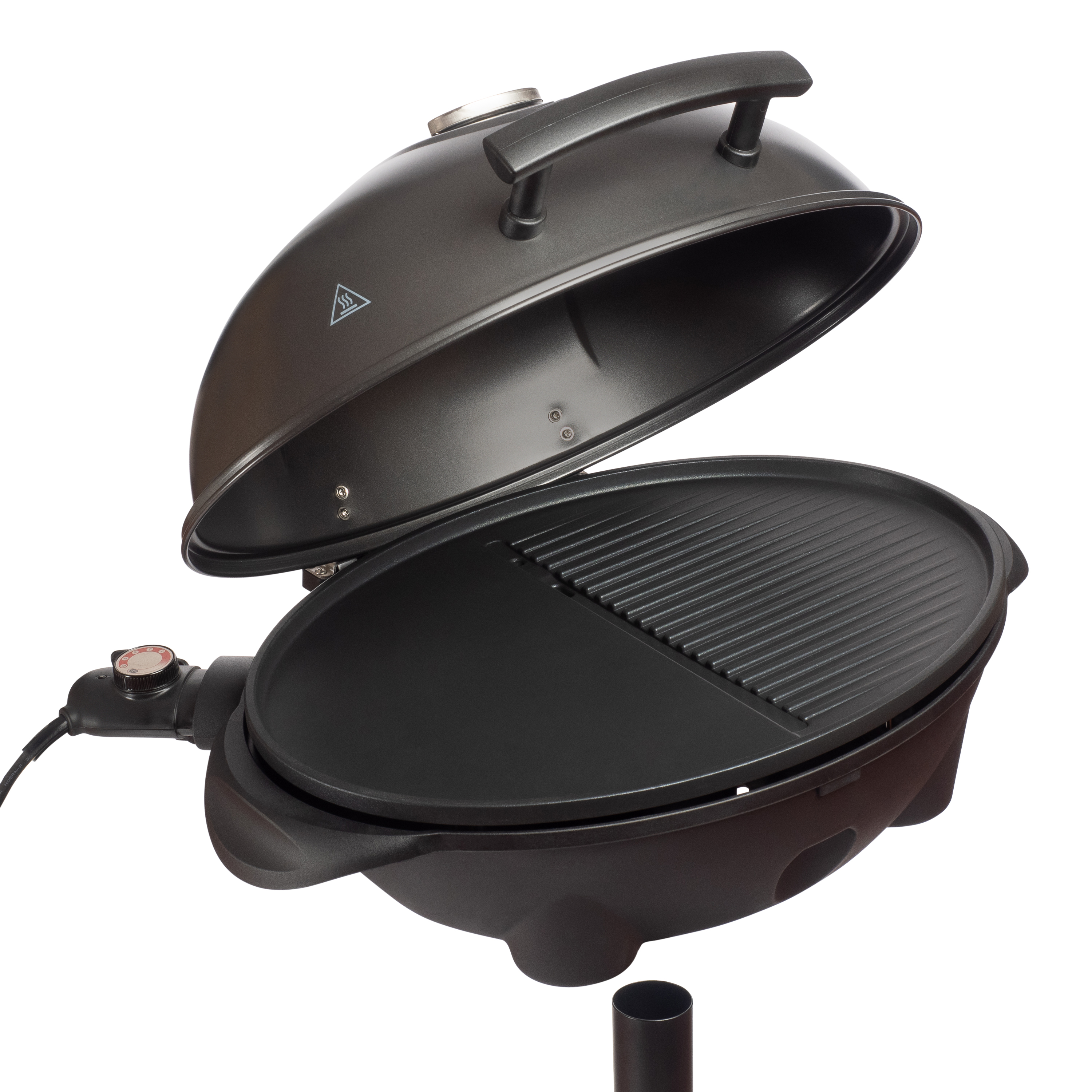 An open, dark electric grill with ribbed and flat cooking surfaces.