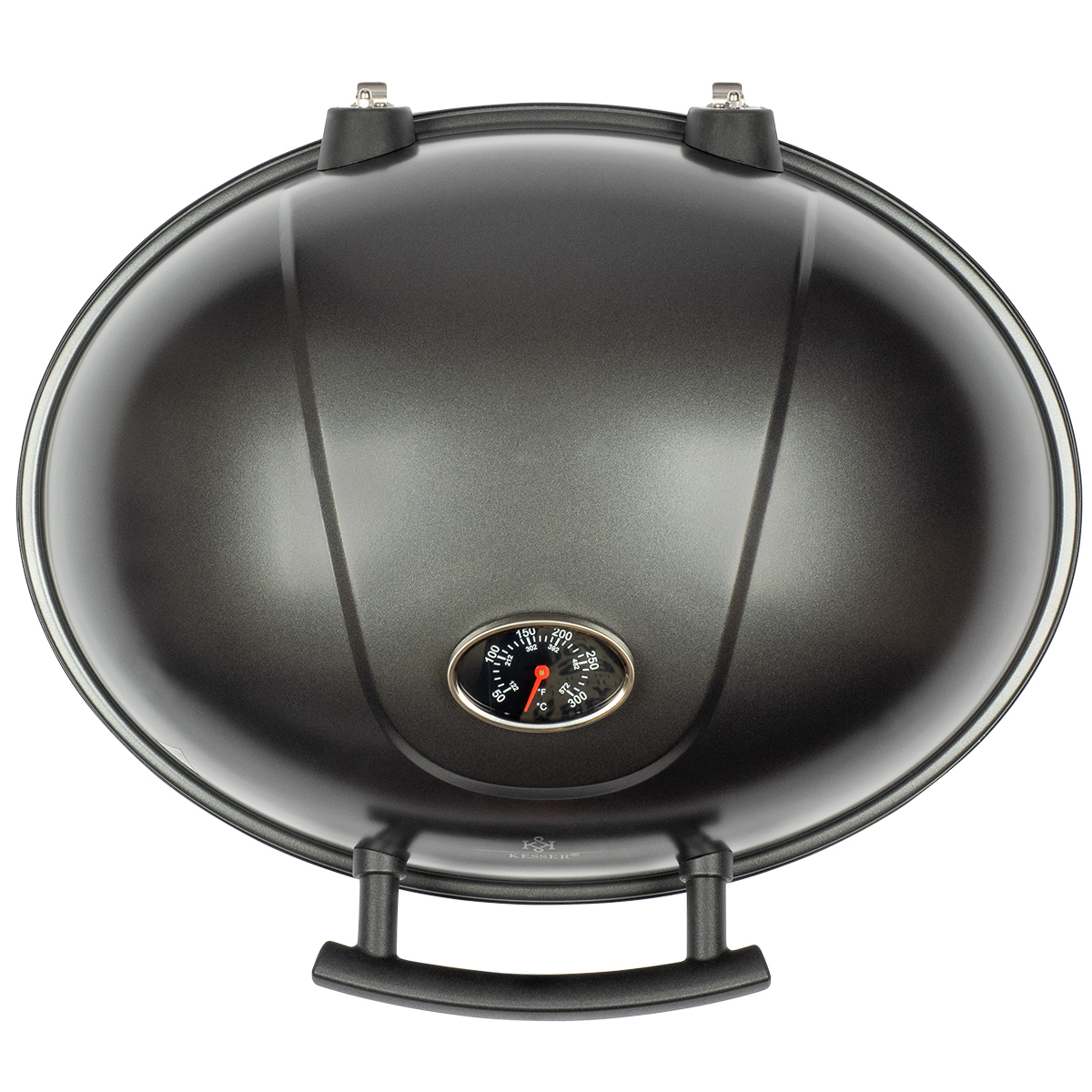 Gray grill lid with thermometer and handles, isolated on a white background.