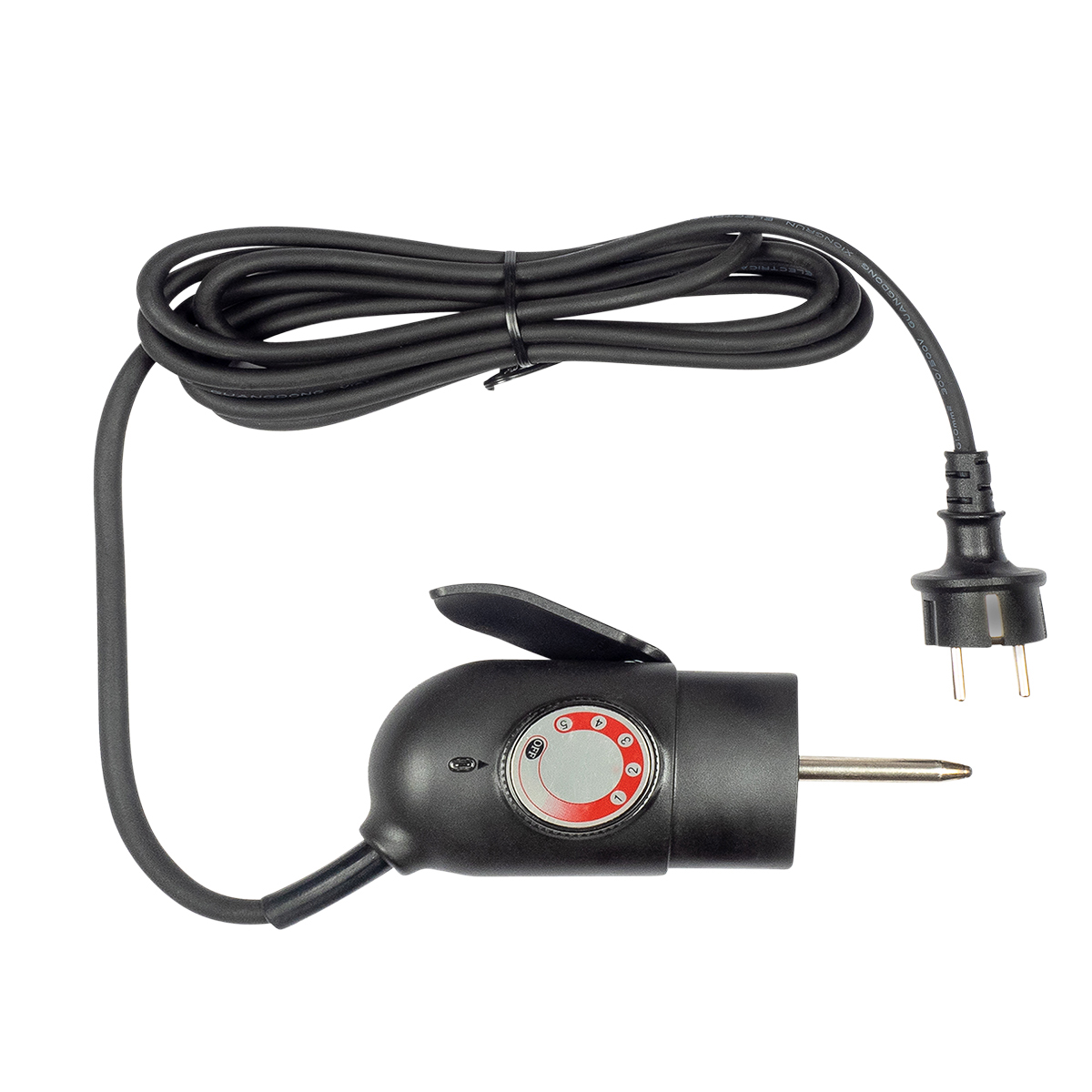 Black cord with plug and temperature controller, white background.