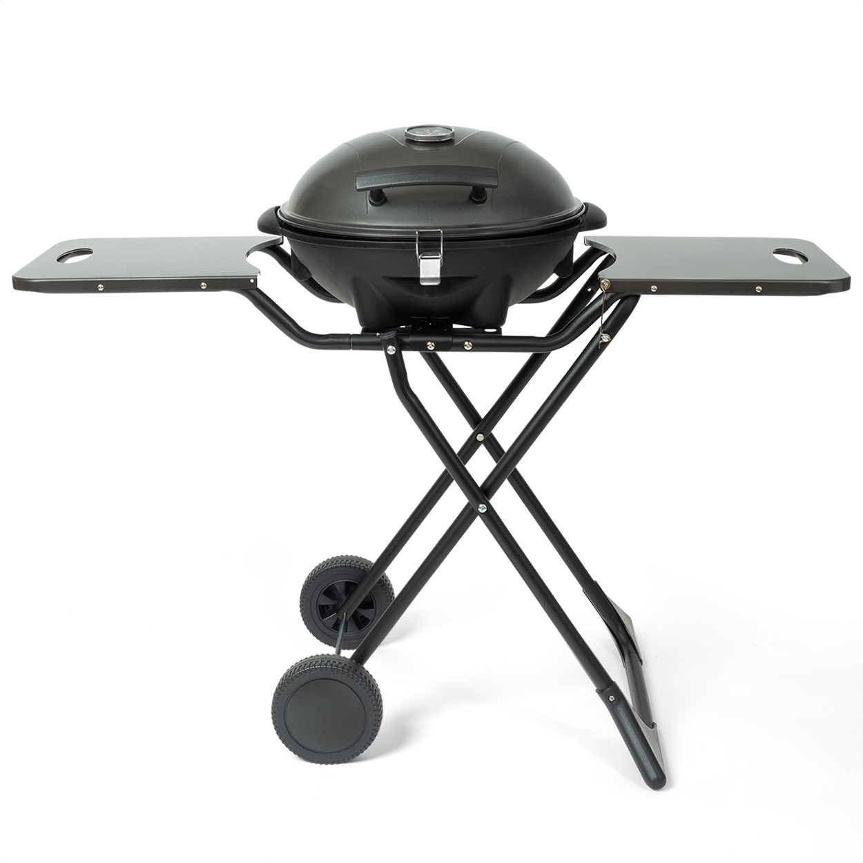 A black portable grill with two side tables and two wheels on a white background.