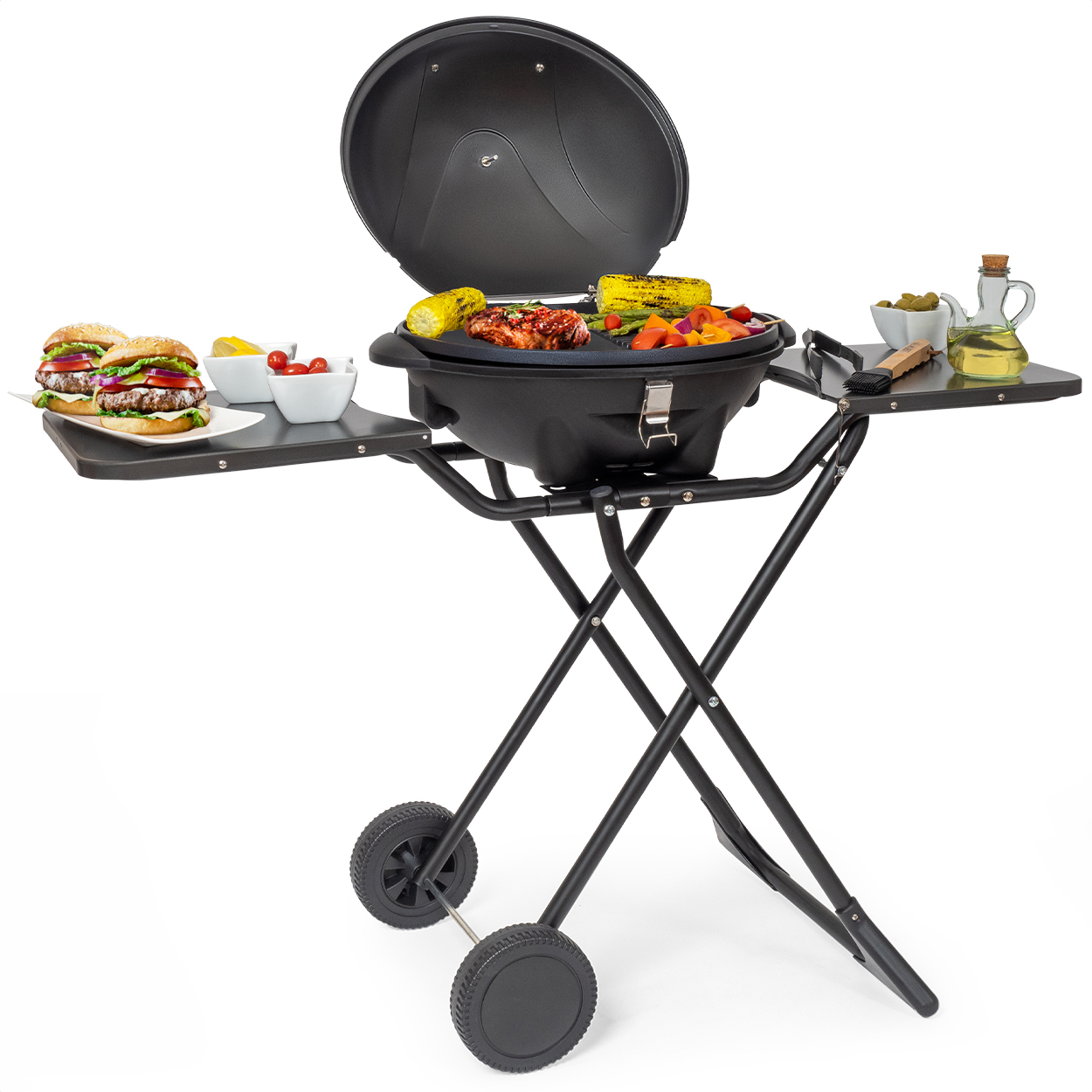 An open grill with burgers, corn on the cob, meat, and vegetables.