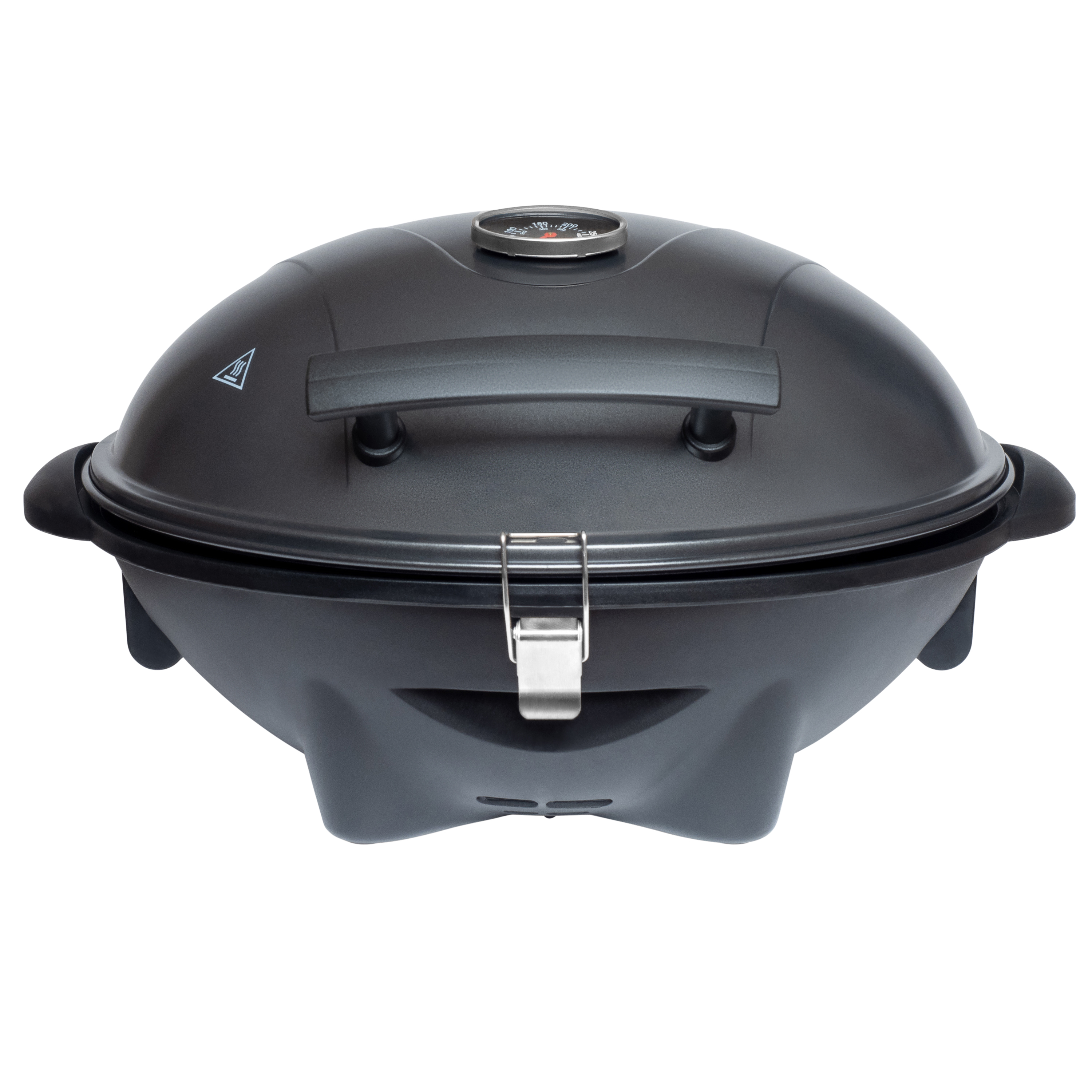 Black grill with thermometer and handle. White background.