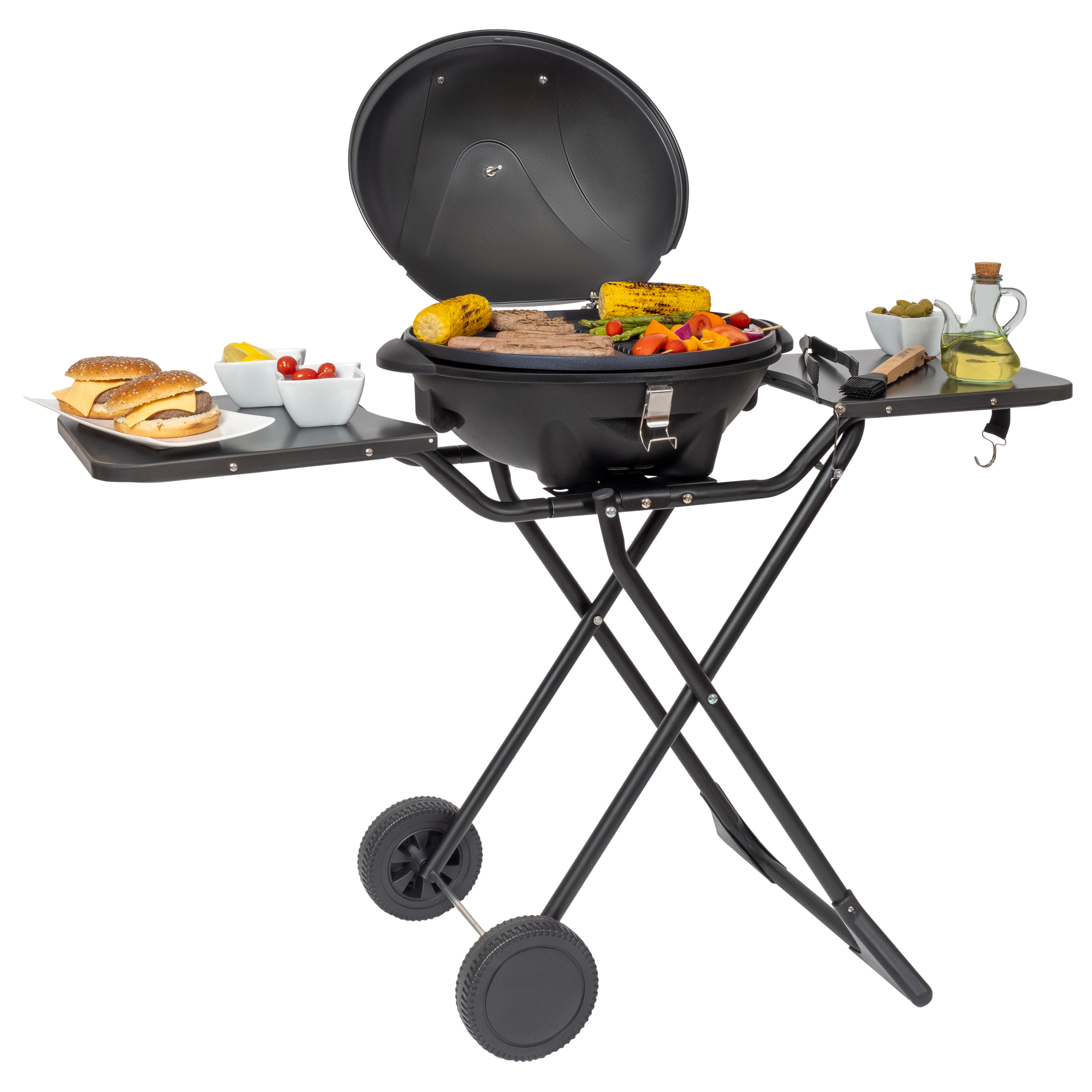 An open grill with food, burgers, corn, and vegetables on a cart.