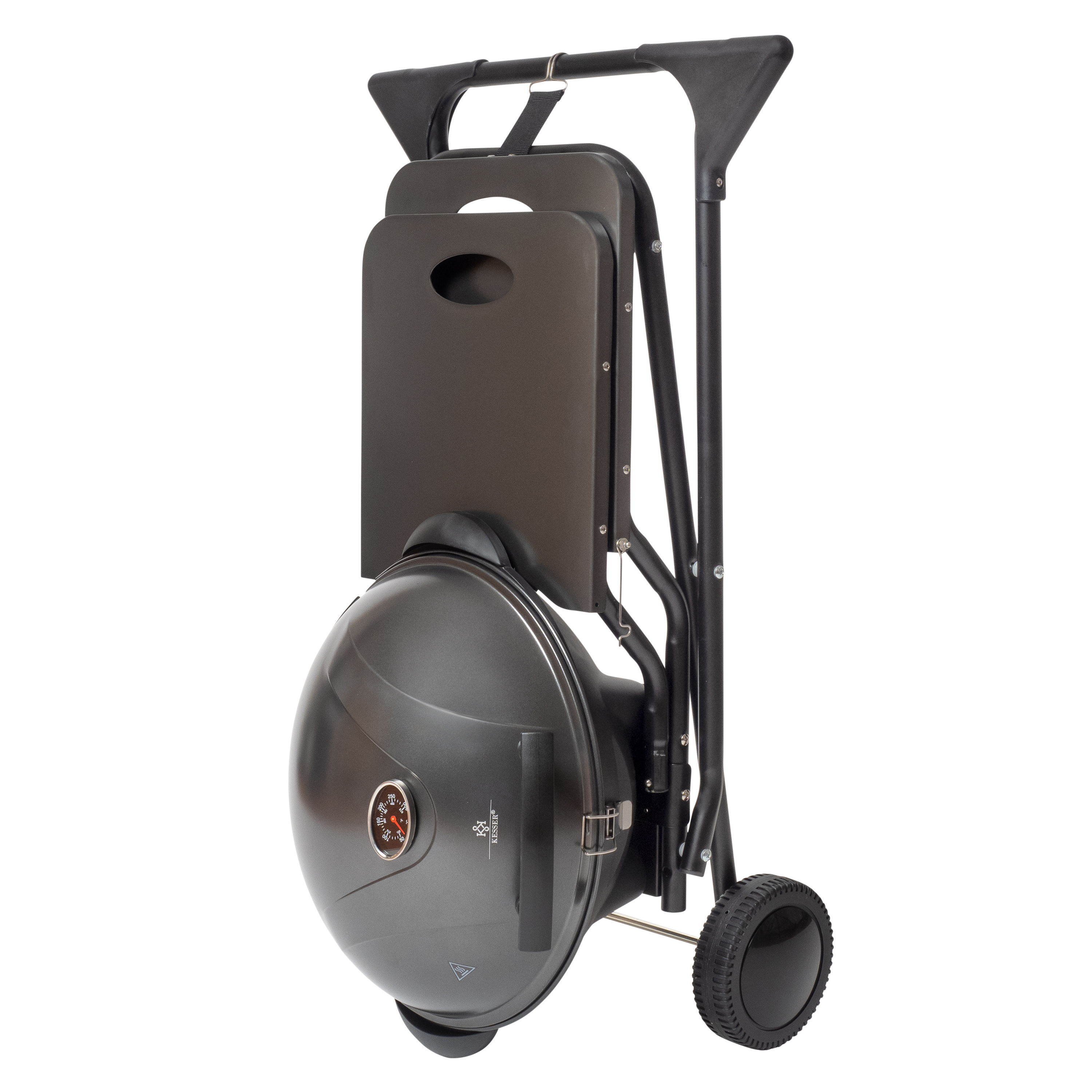 A folded gray grill with wheels and a handle.