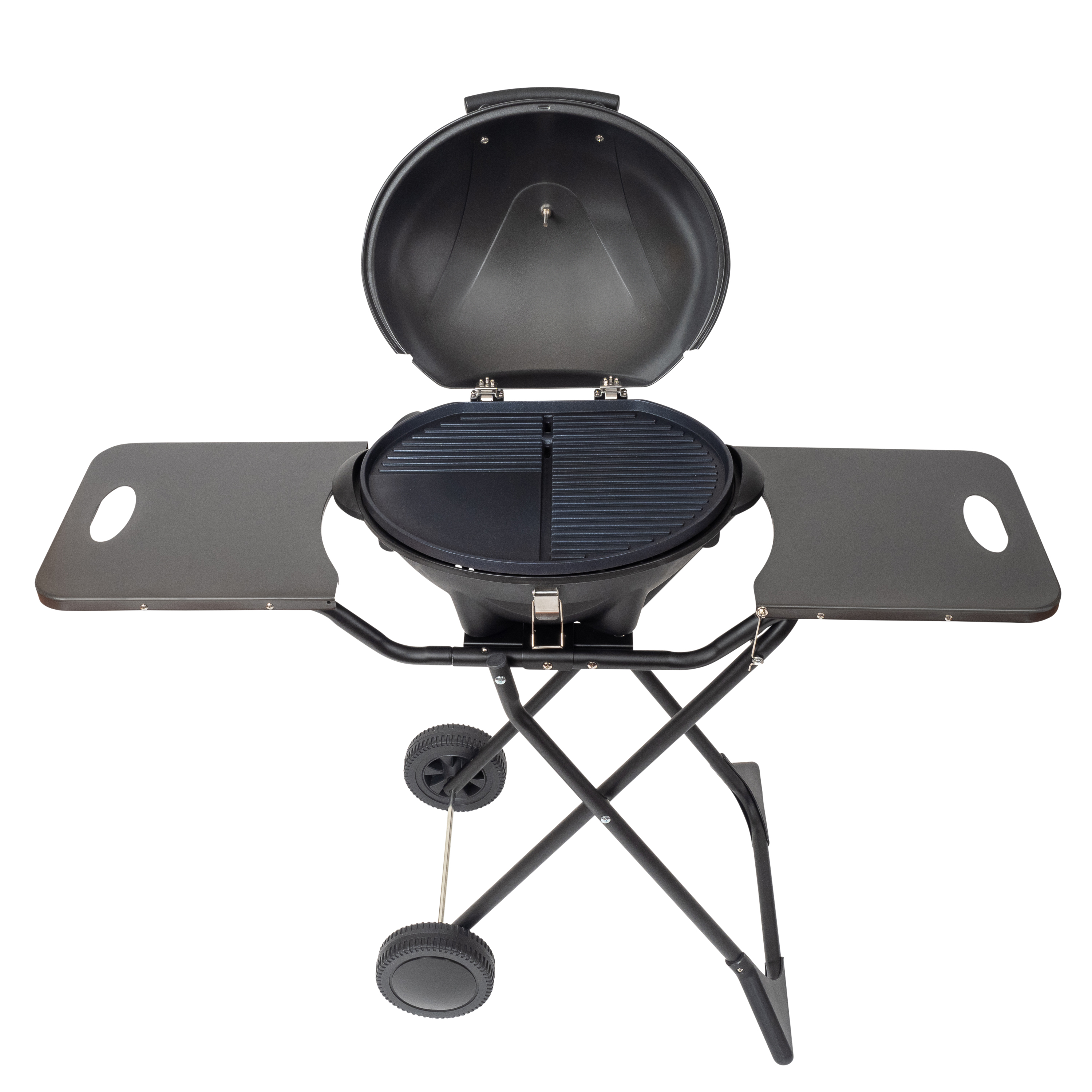 A black grill with its lid open, featuring side shelves and wheels.