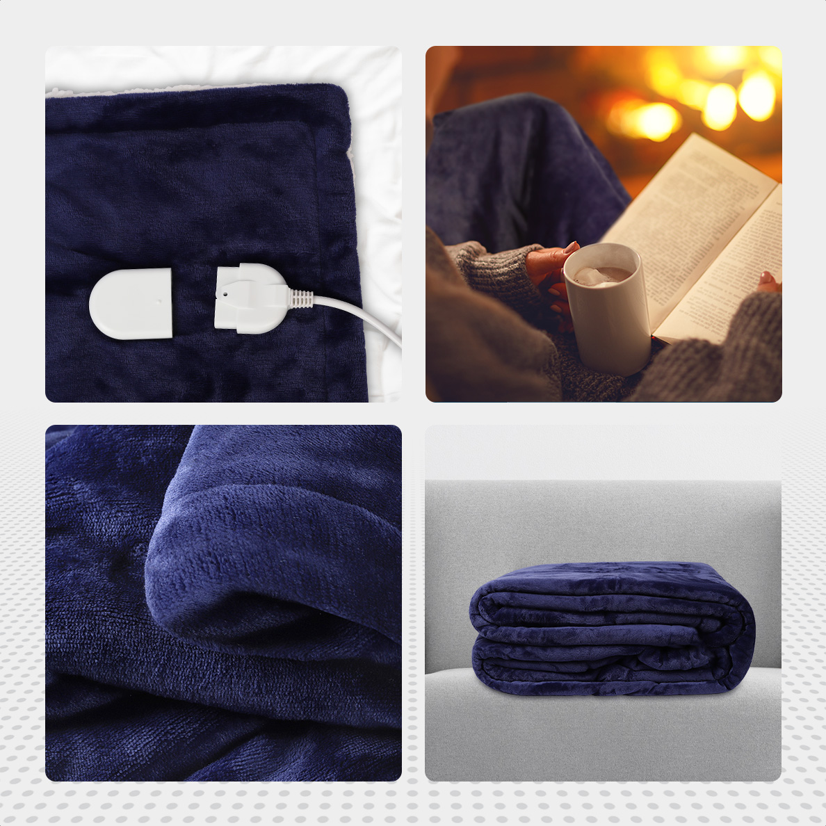 Close-up of a navy blue electric blanket with cord and a folded blanket.