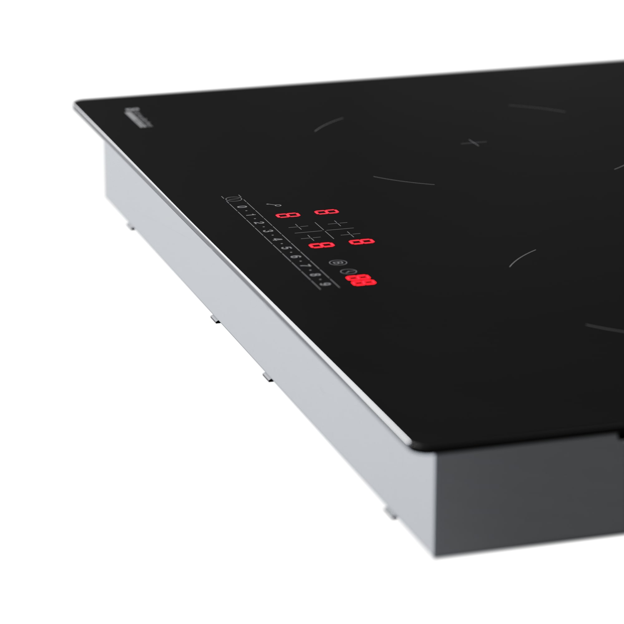 A black induction cooktop with red digital displays and controls.