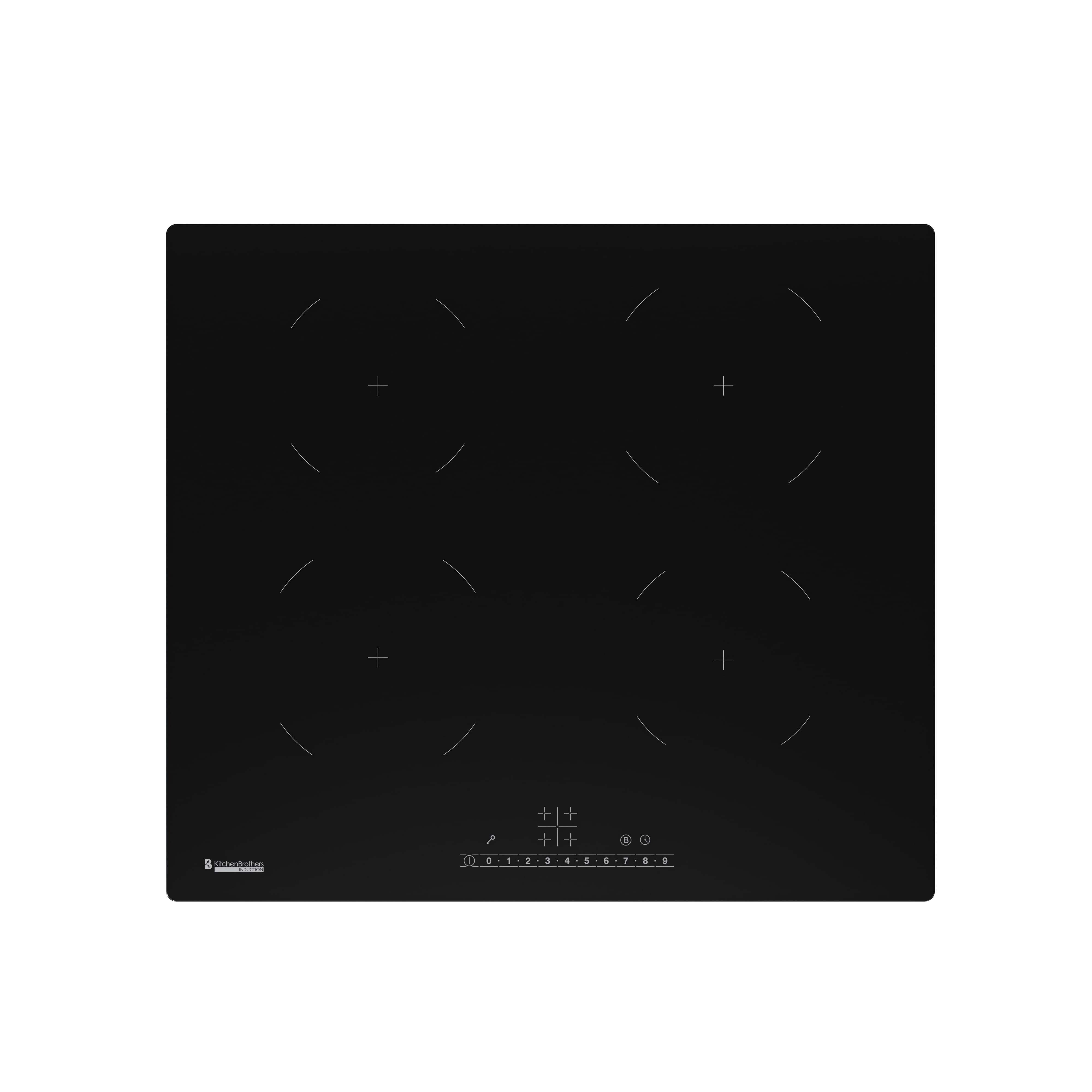 Black induction cooktop with four cooking zones and touch controls.